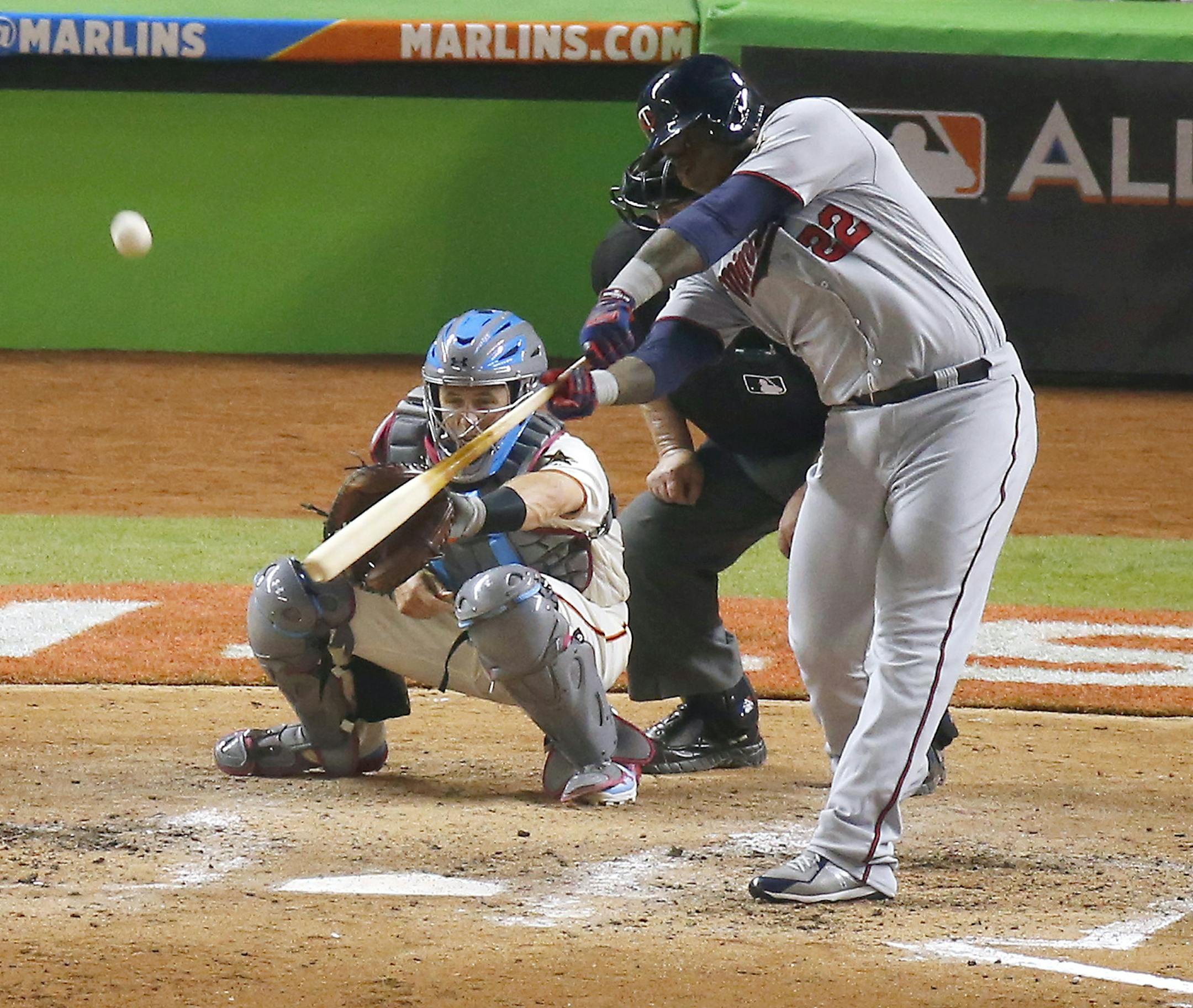 American League third baseman Miguel Sano of the Cleveland Indians hits an RBI single during the fifth inning of the MLB All-Star Game on Tuesday, July 11, 2017, at Marlins Park in Miami, Fla. (David Santiago/Miami Herald/TNS)