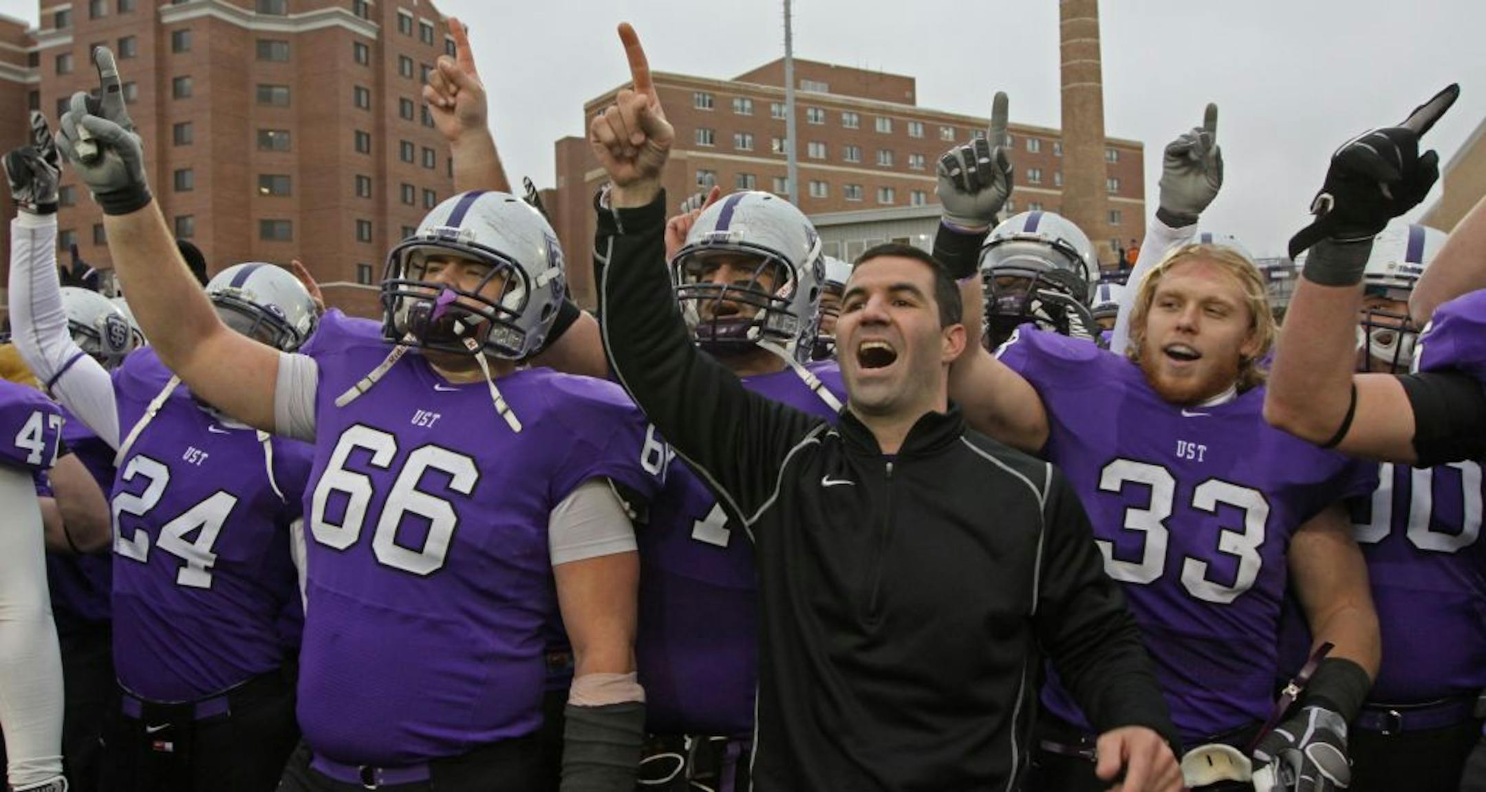 St. Thomas celebrates an NCAA Division III playoff victory in December.
