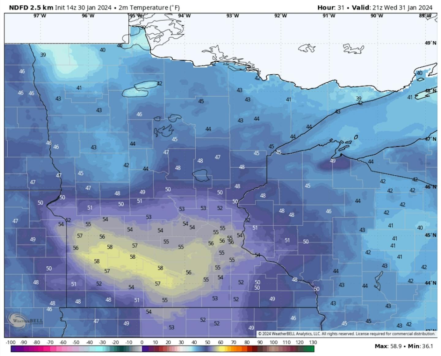 NOAA is predicting highs in the mid-50s for the Twin Cities metro Wednesday, breaking the record of 46 set in 2009. The normal high at MSP is 24, with