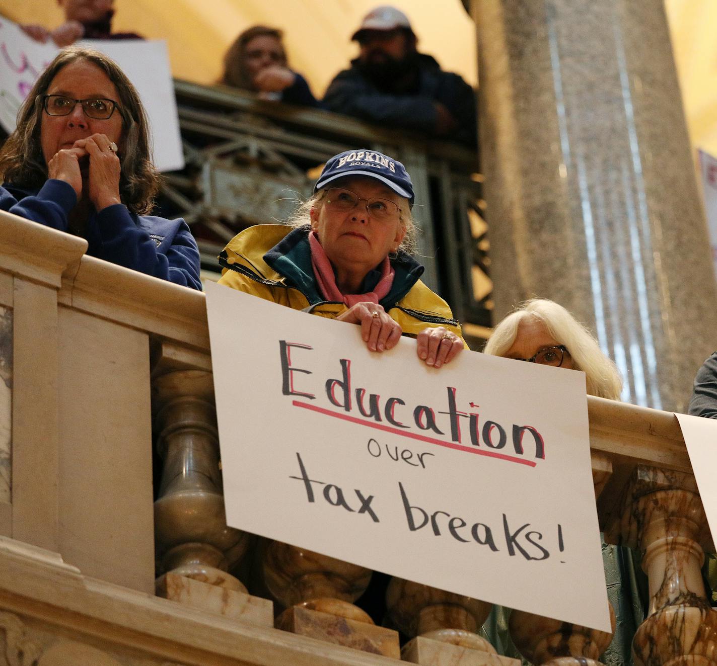 Protesters listened to speakers during a rally against cuts to public education Saturday. ] ANTHONY SOUFFLE &#xef; anthony.souffle@startribune.com Education Minnesota and labor allies held a rally protested cuts to public education Saturday, May 20, 2017 at the State Capitol Rotunda in St. Paul, Minn.