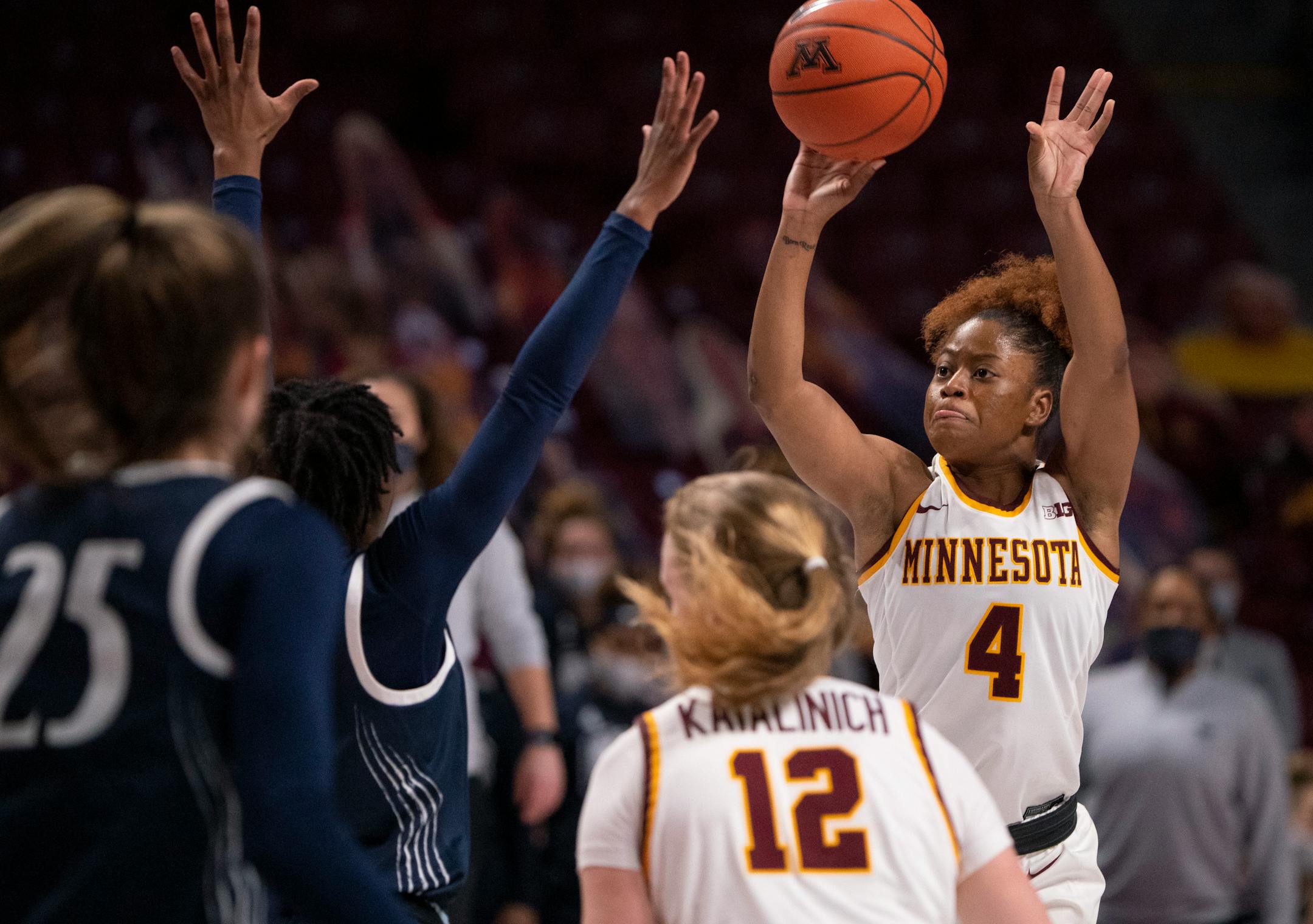 Minnesota Gophers guard Jasmine Powell (4) shot over Penn State Lady Lions guard Shay Hagans (23) in the fourth quarter. Powell led the Gophers with 19 points. ] JEFF WHEELER • jeff.wheeler@startribune.com