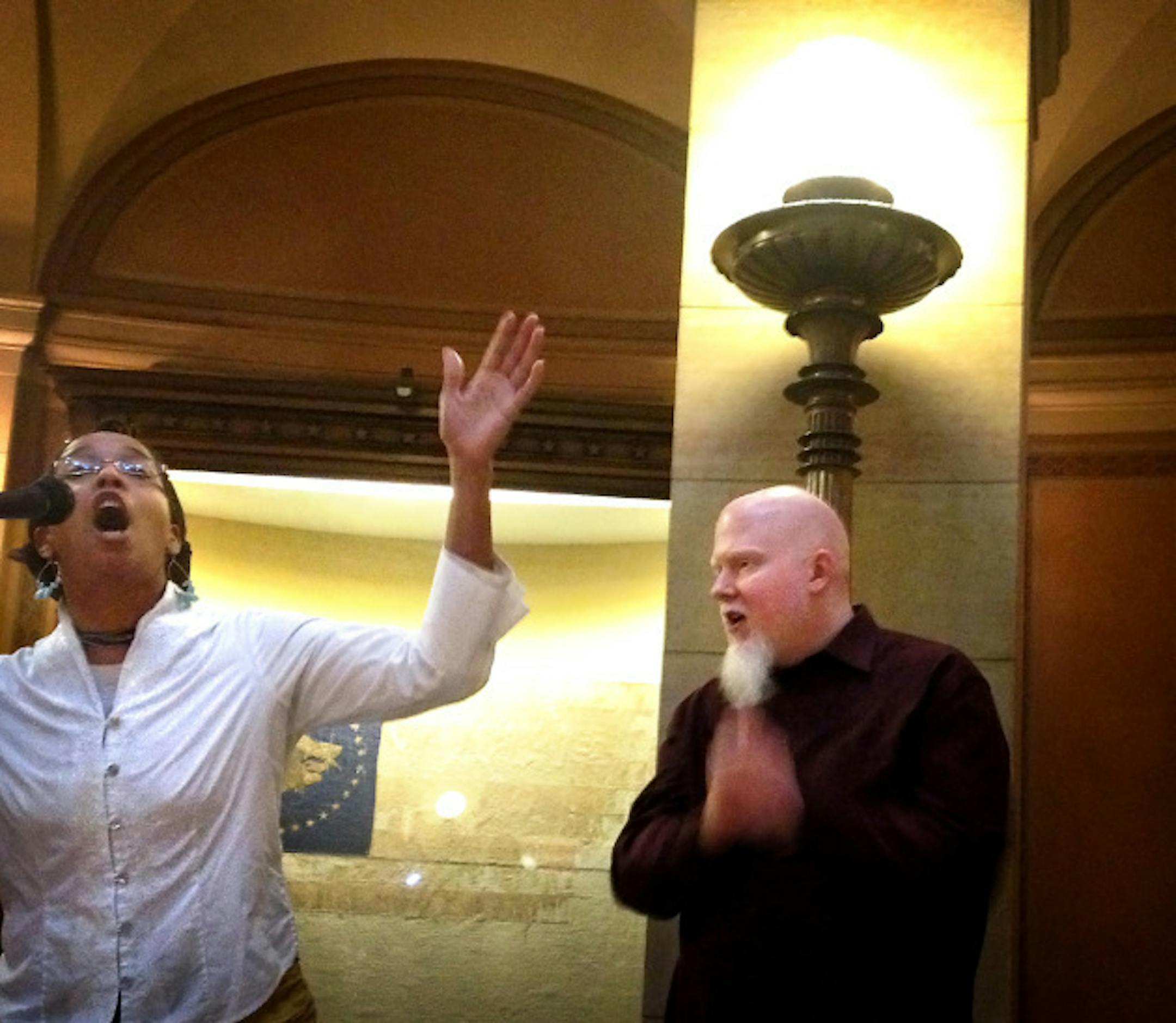 Hip-hop artists Mankwe Ndosi and Brother Ali sang in support of the Organizing Apprenticeship Project   Wednesday, January 30, 2013 at the Minnesota Capitol in supporting the racial equity agenda.  voicesforracialjustice.org     ]   GLEN STUBBE * gstubbe@startribune.com