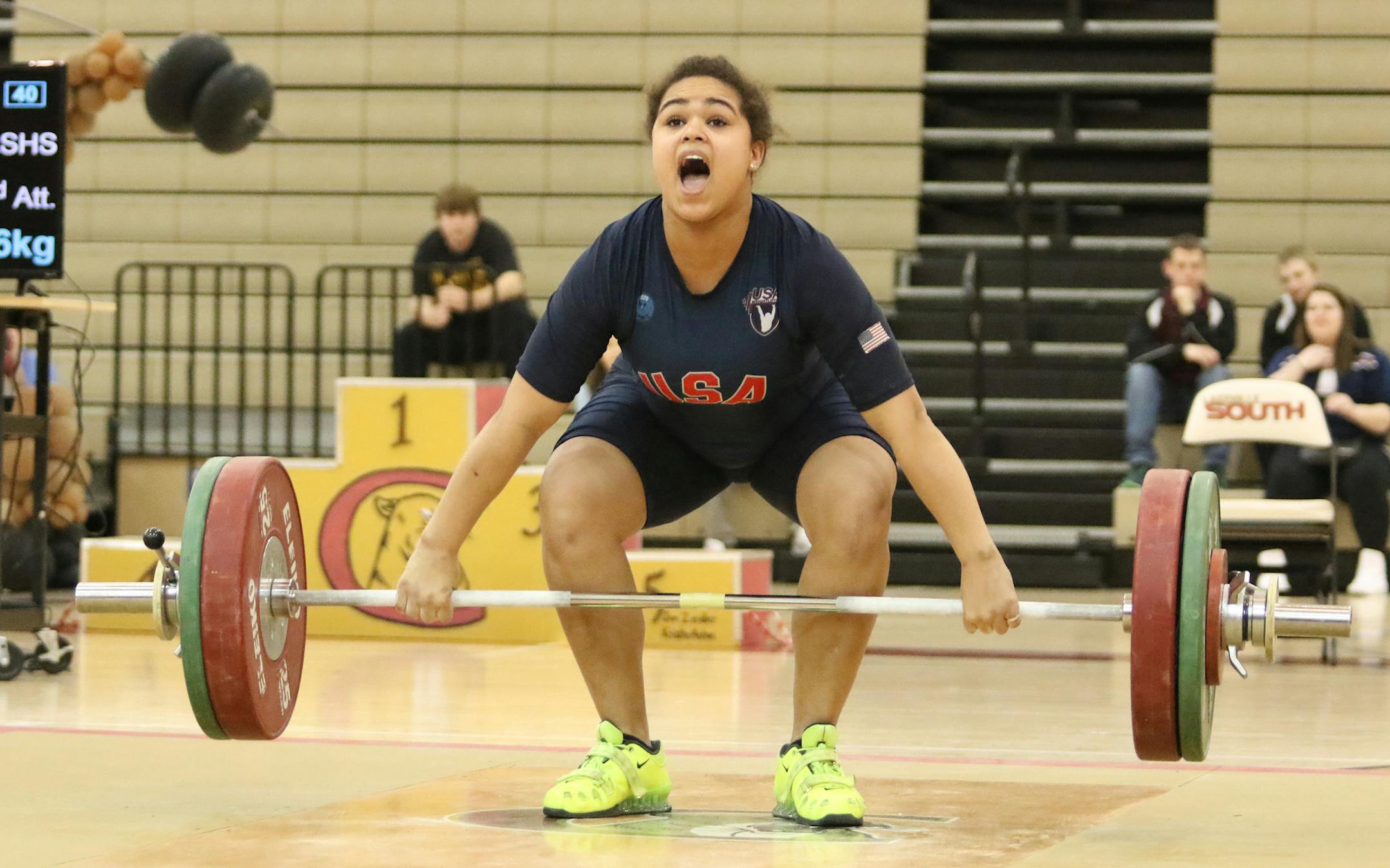 Lakeville South sophomore Alicia Vogel at the Minnesota High School Weightlifting State Championships. Photo by Cheryl Myers, Sport NGIN
