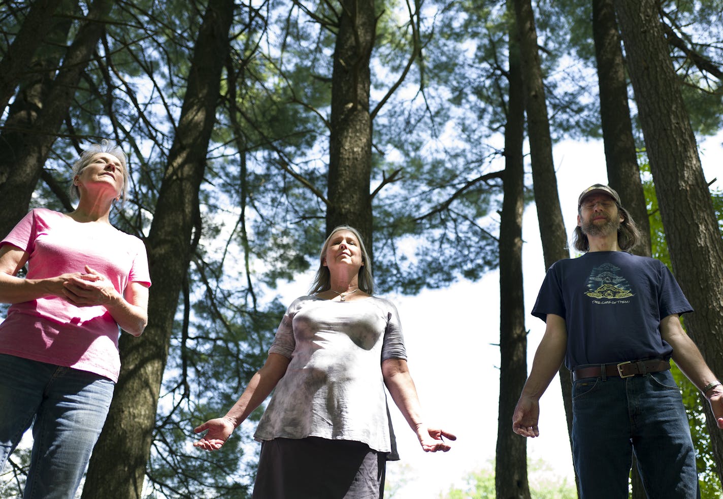 Jane Dicken, left, Laura Jensen and Matt Gillett give forest bathing a try.