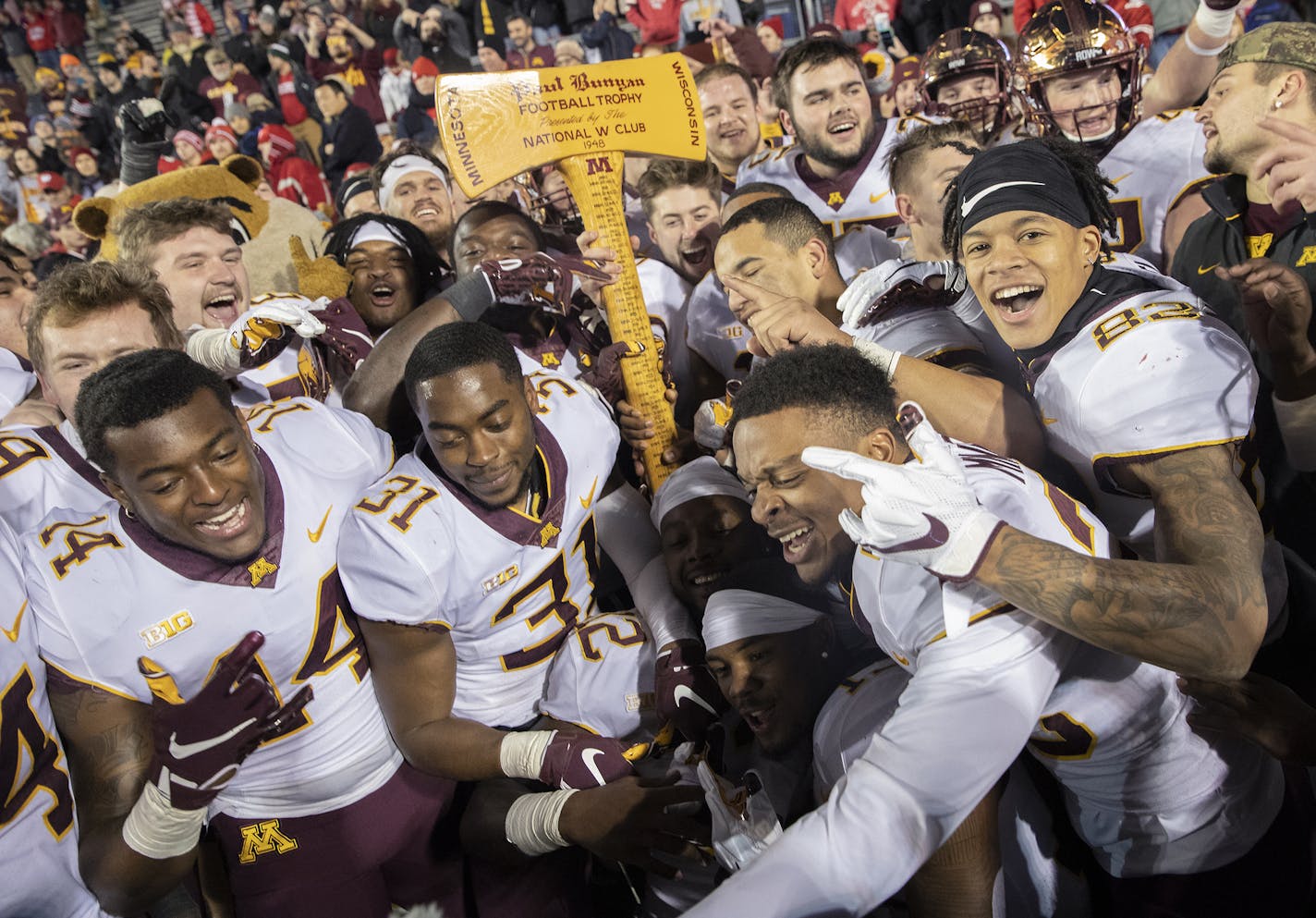 After 15 years Minnesota took back the Paul Bunyan's Axe after they defeated Wisconsin 37-15 at Camp Randall Stadium, Saturday, November 24, 2018 in Madison, Wis. It's the 128th meeting between the two teams. ] ELIZABETH FLORES &#x2022; liz.flores@startribune.com