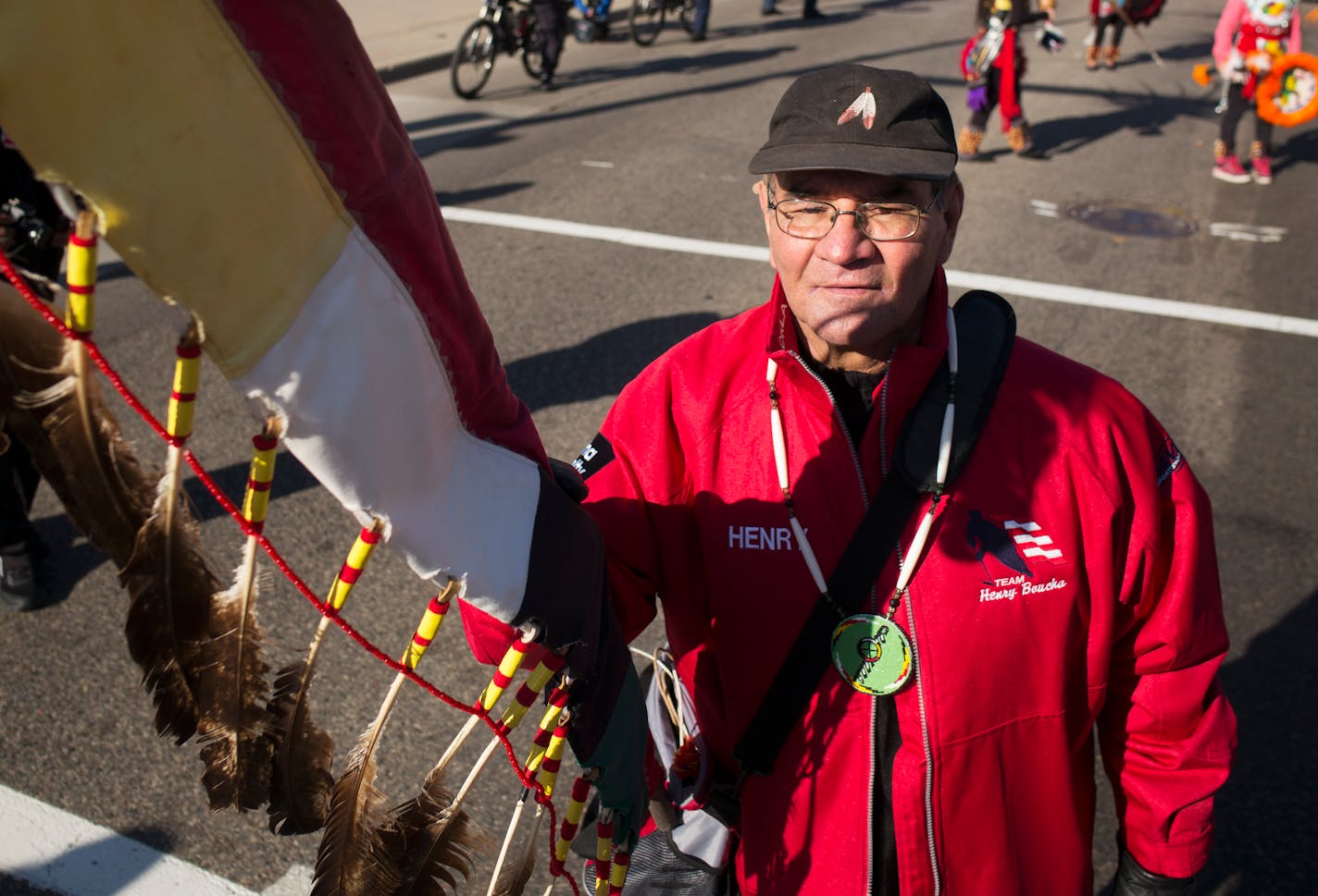 At the No Honor in Racism on the U of M campus in Minneapolis, Olympian hockey silver medalist Henry Boucha was a standard bearer.] Richard Tsong-Taatarii/rtsong-taatarii@startribune.com