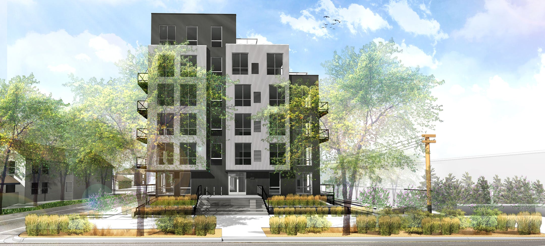 Rendering of proposed 2905 Harriet Ave. apartments. Solhem Companies