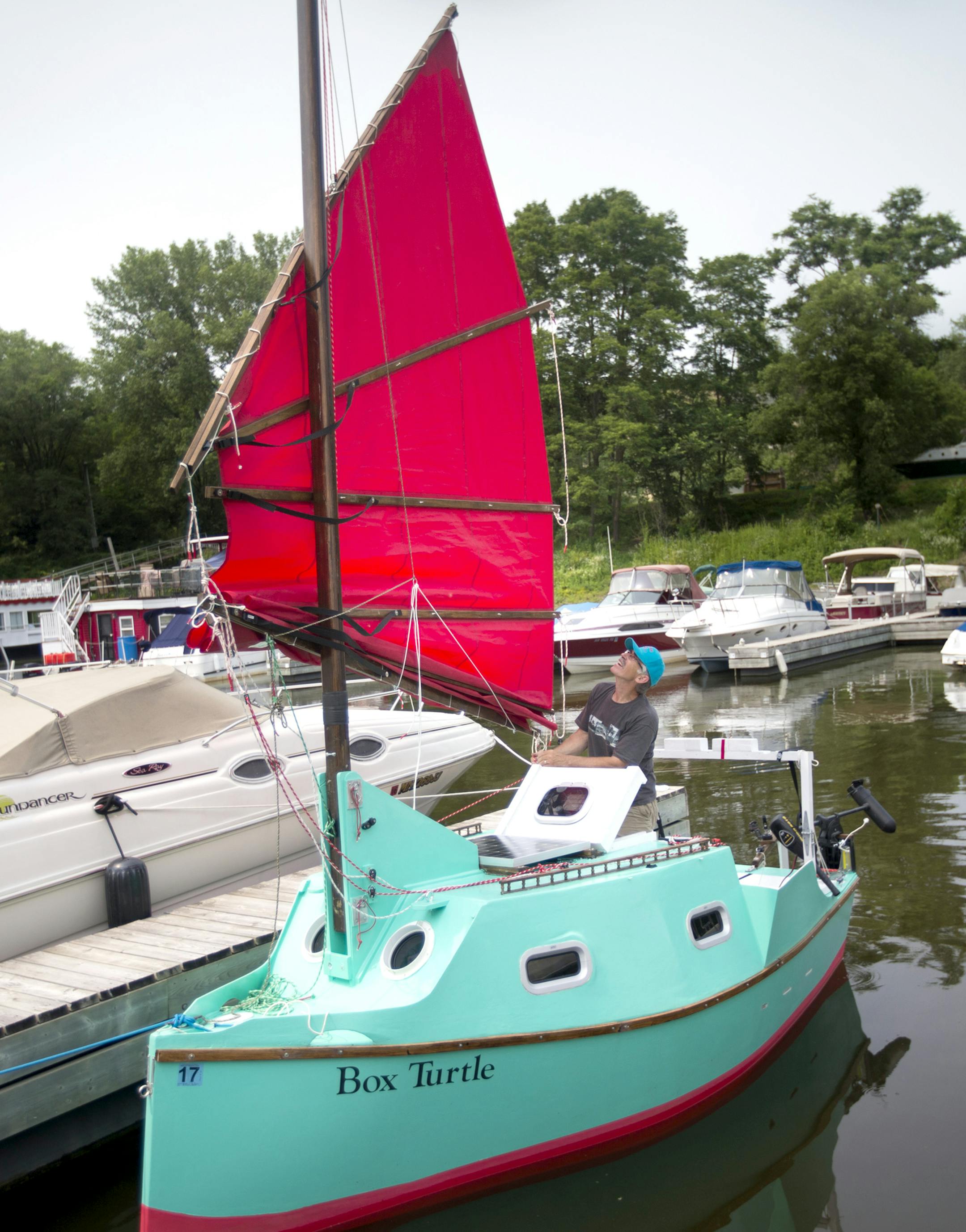 Bert Chamberlain is sailing down the Mississippi River to New Orleans starting this weekend in the sailboat he made and named Box Turtle. He was photographed on Friday, July 3, 2015, in St. Paul, Minn. ] RENEE JONES SCHNEIDER Ô reneejones@startribune.com ORG XMIT: MIN1507031533050816