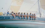 Two groups of incredible women, three decades apart. Left, the crew on board the Maiden led by Tracy Edwards (far left). Right, Megan Rapinoe holds th