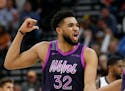 Timberwolves center Karl-Anthony Towns reacts after being called for a foul during the second half