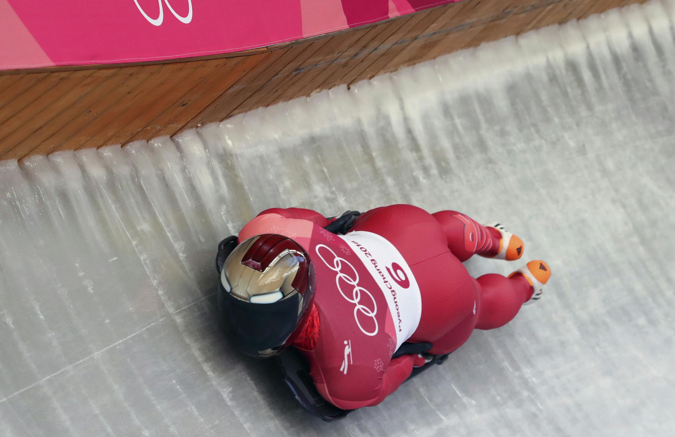 Sungbin Yun of South Korea takes a curve during the men's skeleton competition at the 2018 Winter Olympics in Pyeongchang, South Korea, Thursday, Feb. 15, 2018. (AP Photo/Michael Sohn)