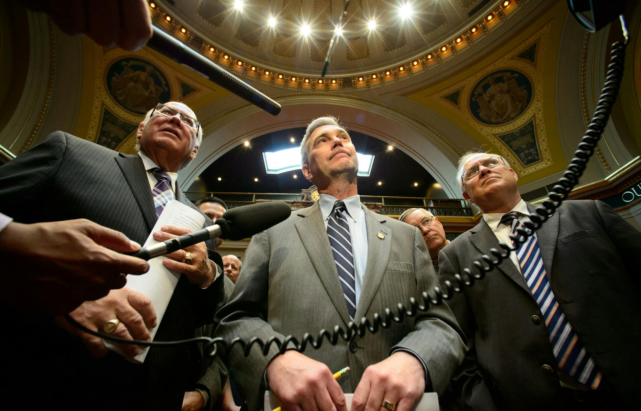 Senate Republicans David Senjem, Minority Leader David Hann and Dan Hall spoke about their efforts to pass tax relief after passing disaster relief. A special one-day session was held today at the Minnesota Legislature to approve funding for disaster relief from summer storms. Republicans failed to get votes on any of the tax relief bills they proposed for the session and will have to wait until the regular session begins in February. Monday, September 9, 2013 ] GLEN STUBBE * gstubbe@startribune