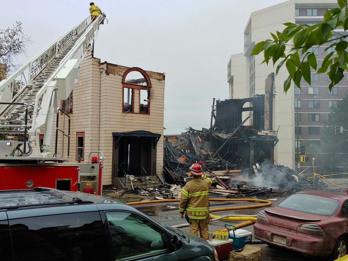 An overnight fire engulfed and destroyed a synagogue in downtown Duluth and continued to burn many hours later Monday morning.