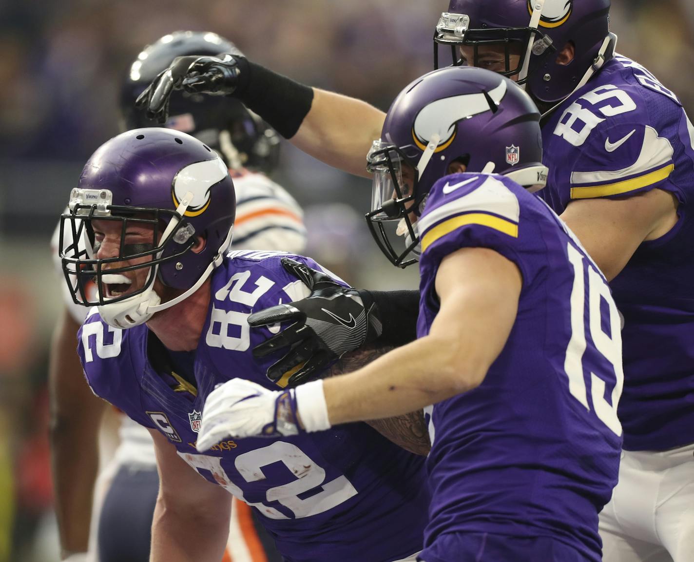 Vikings tight end Kyle Rudolph (82) celebrated after scoring on a 22 yard touchdown reception in the second quarter. ] JEFF WHEELER &#xef; jeff.wheeler@startribune.com The MInnesota Vikings faced the Chicago Bears in their final game of the NFL season Sunday afternoon, January 1, 2017 at U.S. Bank Stadium in Minneapolis.