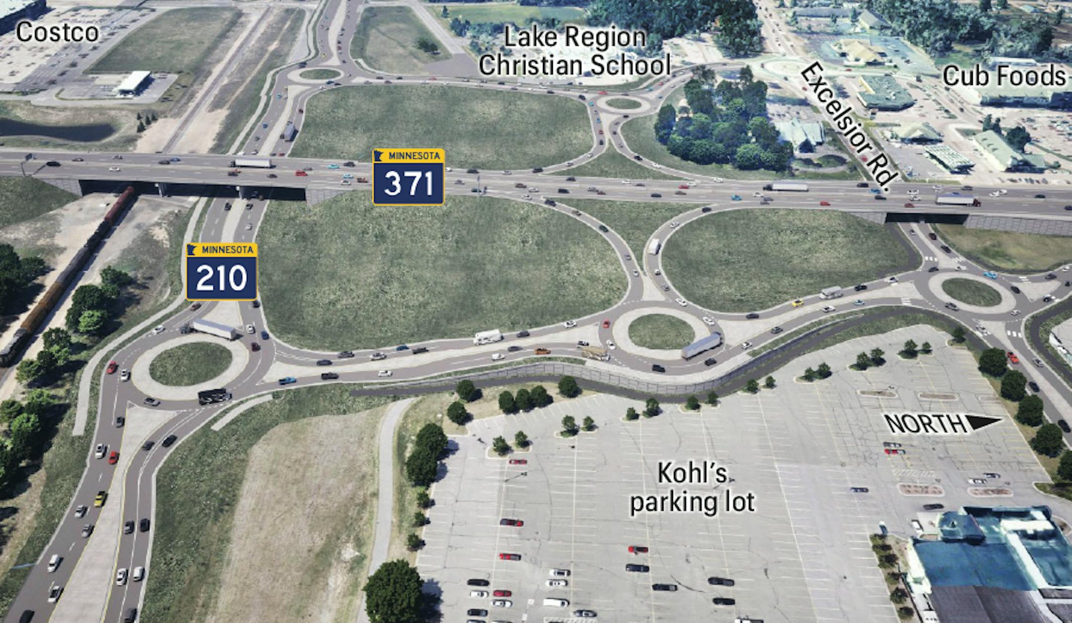A MnDOT image of one of the proposals for a new interchange at Hwy. 371 and Hwy. 210 in Baxter, Minn.