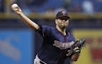 Minnesota Twins starting pitcher Lance Lynn delivers to the Tampa Bay Rays during the first inning of a baseball game Friday, April 20, 2018, in St. P