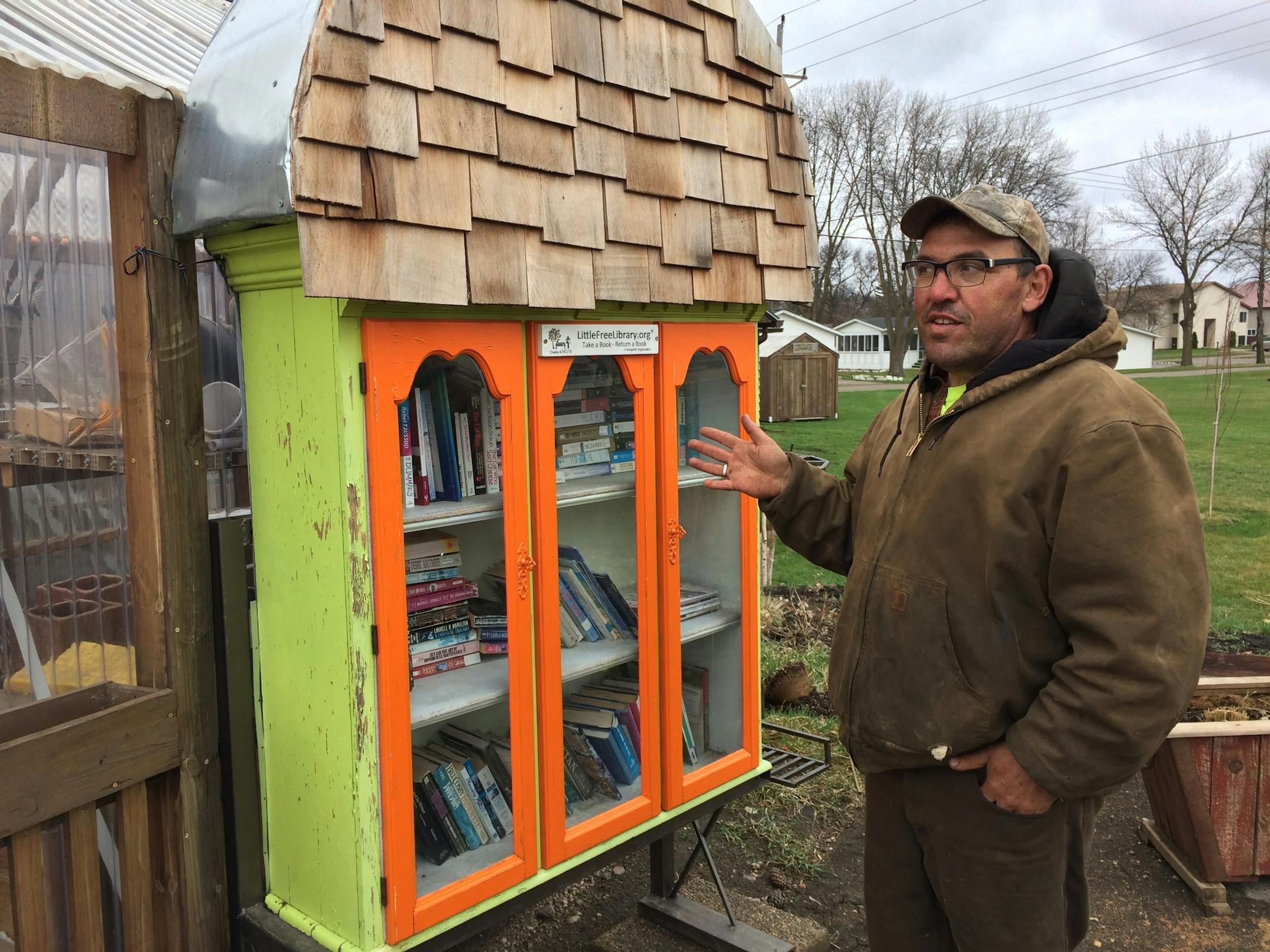 Jim Rothers, who resigned as mayor of Kerkhoven last week, built this free library on his property. Rothers' construction company also donated labor and materials to rebuild the city swimming pool.