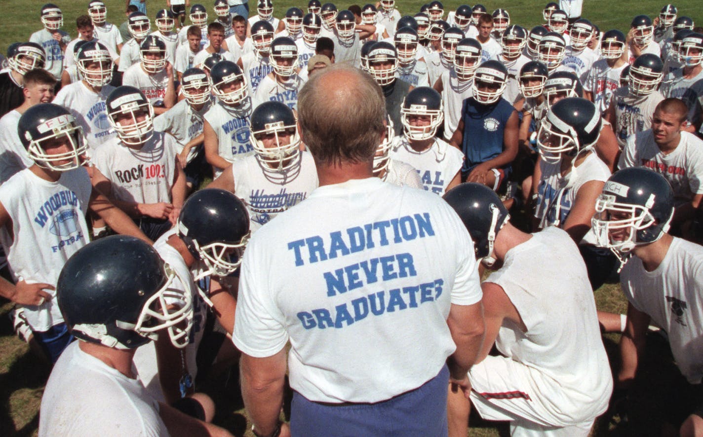 Feature off first day of football conditioning drills at defending Class 5a champion Woodbury .. — coach Gary Halvorson runs a program unlike any other, at 9 a.m. he gives a motivational speech in the auditorium, at 9:45 a.m., kids do indoor drills — weightlifting, agility and jump-roping at high speed — and finally at 10:20 a.m, after a 5-minute break, teams goes on the field for normal drills like other teams ... would like shot from either speech or indoor drills and one from outdoors, both saying this is Woodbury football