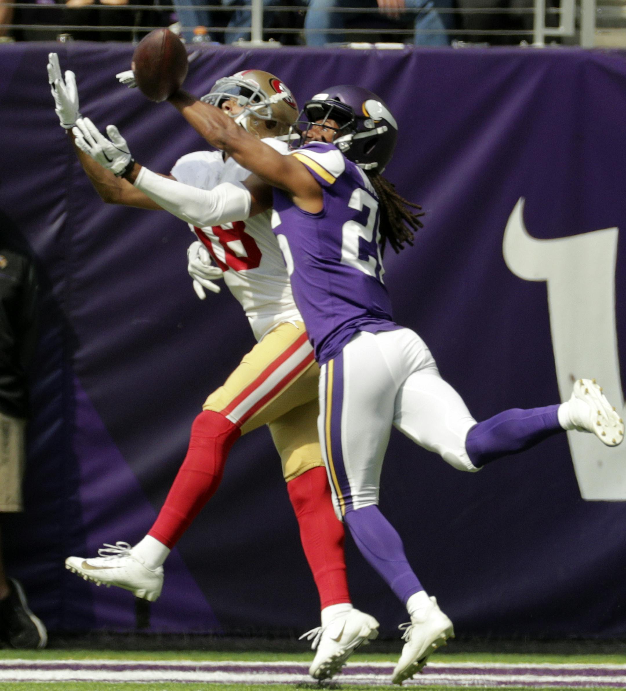 Vikings Trae Waynes defends on a deep pass to the endzone in the 2nd quarter. Injured on the play. ] Minnesota Vikings vs San Francisco 49ers, US Bank Stadium. BRIAN PETERSON &#xef; brian.peterson@startribune.com
Minneapolis, MN 09/09/2018