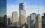 Minneapolis skyline including IDS Center, Foshay Tower, Capella Tower, Ameriprise Financial Center, Campbell Mithun Tower, AT&T Tower, 33 South Sixth.