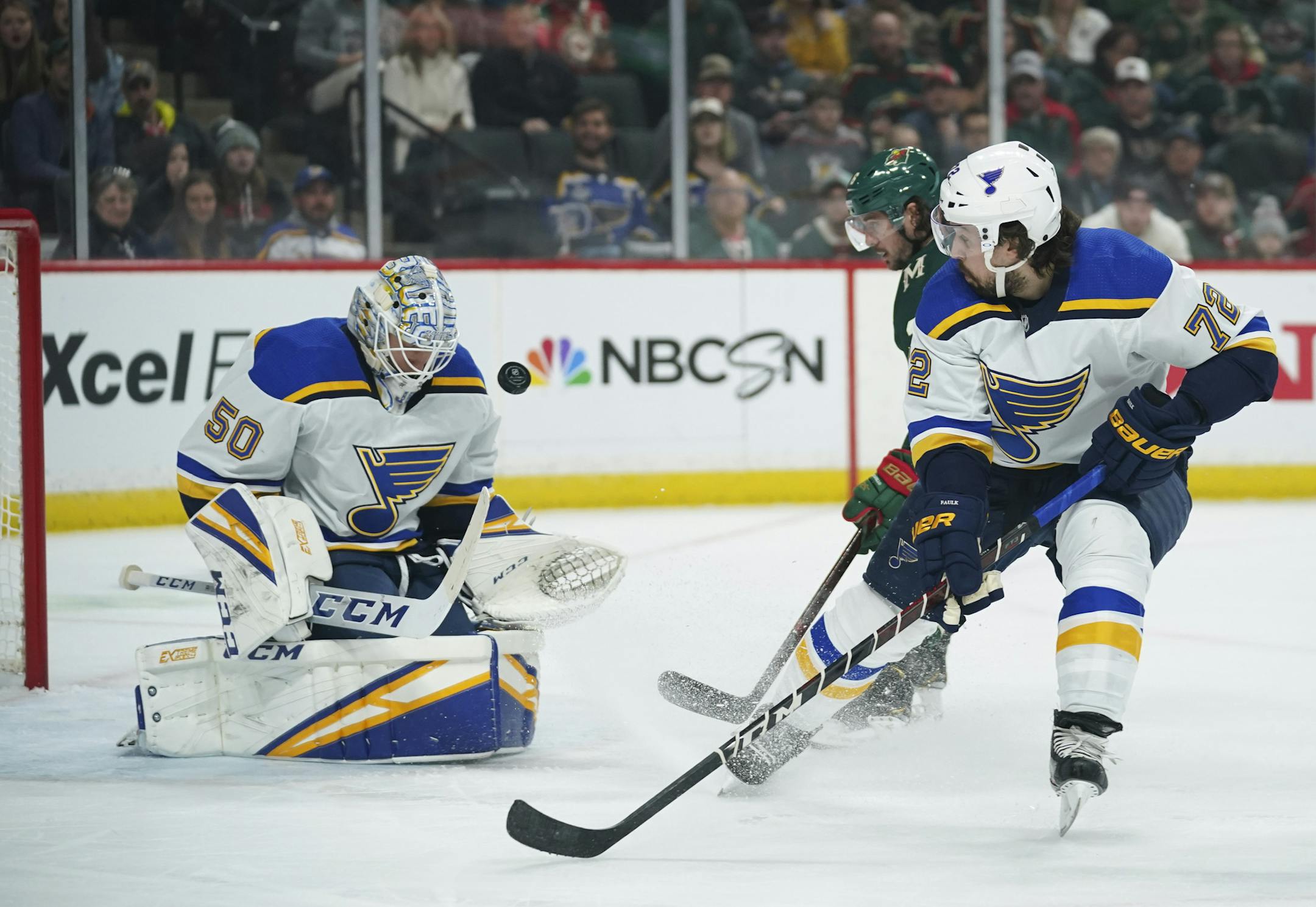 Minnesota Wild right wing Mats Zuccarello (36) awaited a rebound on a first period shot on St. Louis goaltender Jordan Binnington while defenseman Justin Faulk (72) kept his eye on the puck. ] JEFF WHEELER • Jeff.Wheeler@startribune.com The Minnesota Wild faced the St. Louis Blues in an NHL hockey game Sunday night, February 23, 2020 at Xcel Energy Center in St. Paul.