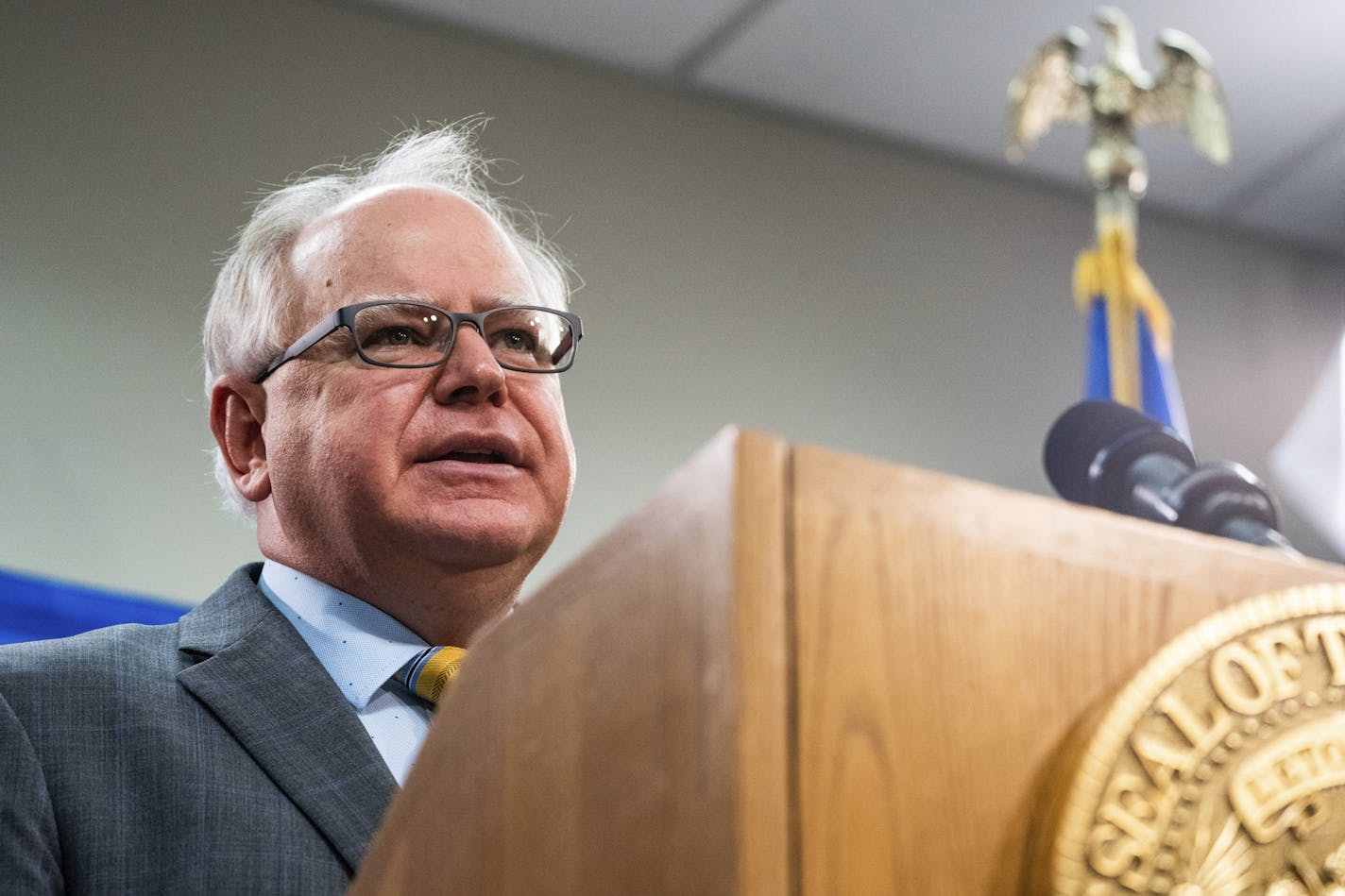 Gov. Tim Walz speaks during a news conference at the Department of Public Safety in St. Paul, Minn. on Saturday, May 23, 2020. Minnesota health officials are reporting a record high for COVID-19 cases for the second straight day. (Evan Frost /Minnesota Public Radio via AP)