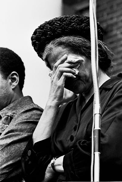 Rosa Parks weeps during funeral services for Dr. Martin Luther King Jr., in Atlanta, April 9, 1968. King was assassinated 40 years ago, April 4, 1968.