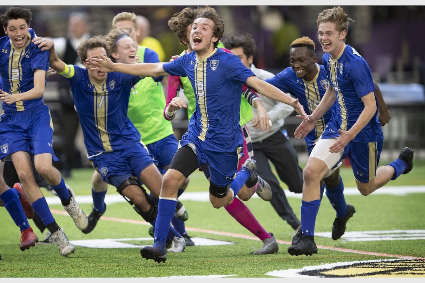 Holy Angels celebrated after winning the state 1A soccer final against The Blake School in 2019.