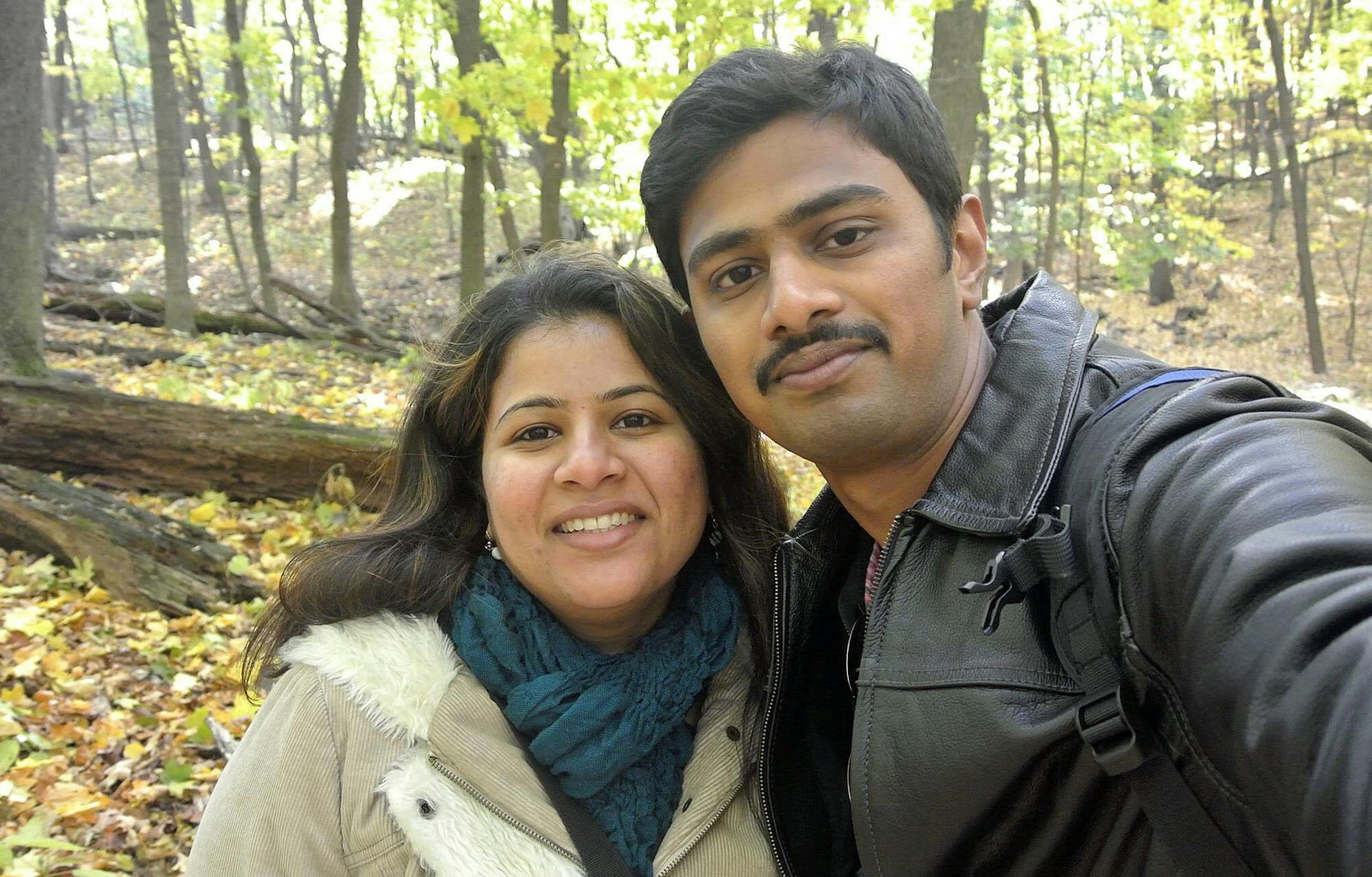In this undated photo provided by Kranti Shalia, Srinivas Kuchibhotla, right, poses for photo with his wife Sunayana Dumala in Cedar Rapids, Iowa. In the middle of a crowded bar, a 51-year-old former air traffic controller yelled at two Indian men - Kuchibhotla and Alok Madasani - to "get out of my country," witnesses said, then opened fire in an attack that killed one of the men and wounded the other, as well as a third man who tried to help, Thursday, Feb 23, 2017, in Olathe, Kan. (Kranti Shal
