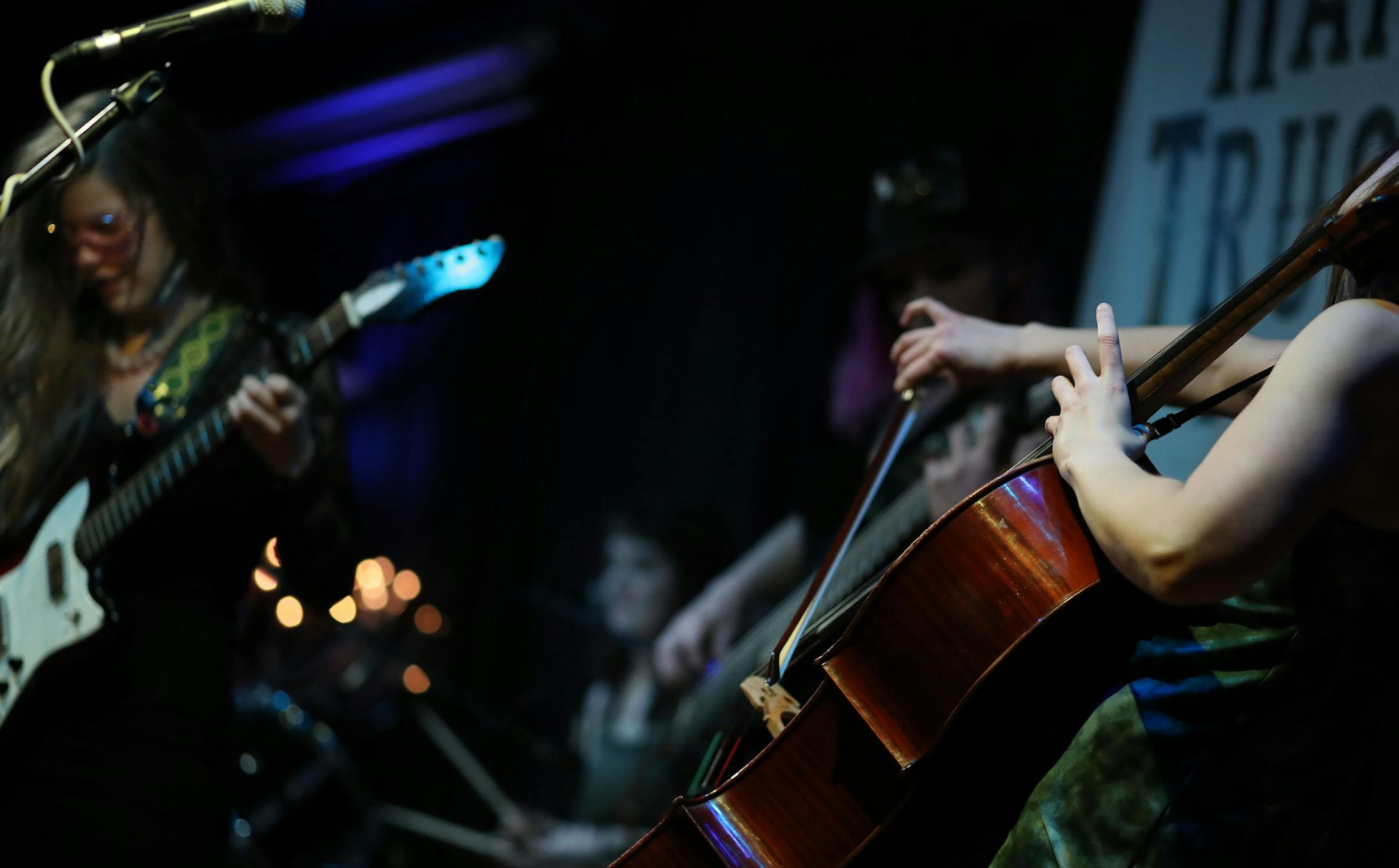 Tickets to KBEK's Friday night live shows are the toughest ticket in Kanabec County where Red Eye Ruby brought out the locals and music lovers from elsewhere Friday, Jan. 31, 2020, in Braham, MN. Here, Red Eye Ruby, cellist Caitlin Pieper, right to left, drummer Kat Hansberry and guitarist and lead vocalist Liz Collin during their live performance at The Listening Room at KBEK in this town of less than 2,000.] DAVID JOLES • david.joles@startribune.com In an era when real local radio is in