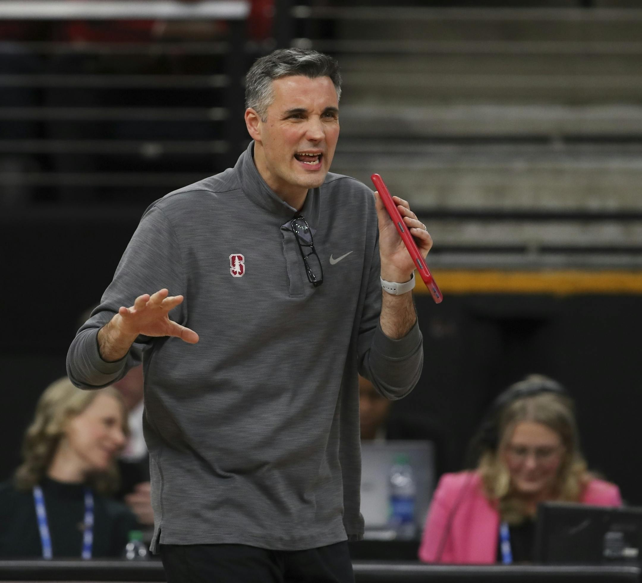 Stanford head coach Kevin Hambly encouraged his players midway through the final set against BYU.