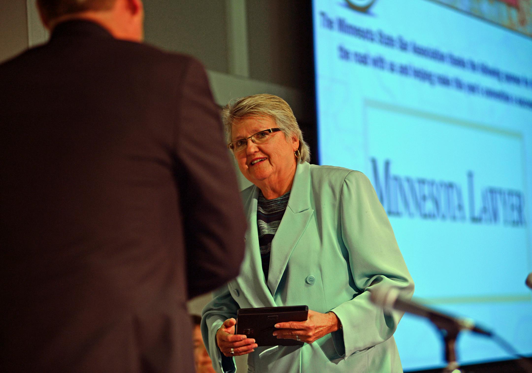 Ramsey County Judge Kathleen Gearin, received a lifetime achievement award from Robert Enger, President of the Minnesota State Bar Association in the Carriage Room of the Earle Brown Center in Brooklyn Park on Thursday June 27, 2013. ] Richard.Sennott@startribune.com Richard Sennott/Star Tribune Anoka Minnesota Thursday 6/27/13) ** (cq)