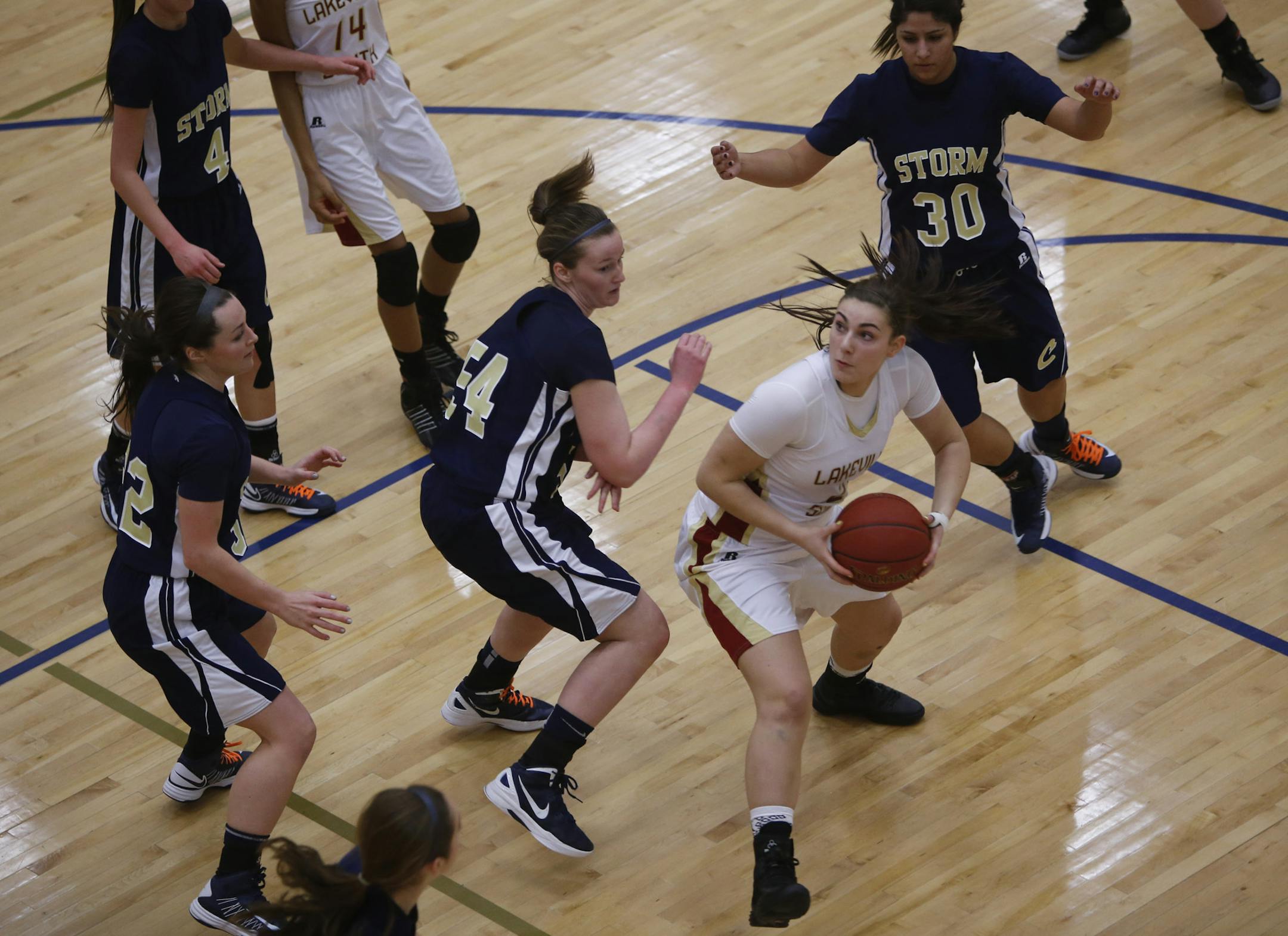 Lakeville South freshman Brianna Miller, surrounded by Chanhassen defenders during sectional play, was among three freshmen who gained valuable experience. Photo by KYNDELL HARKNESS * kyndell.harkness@startribune.com