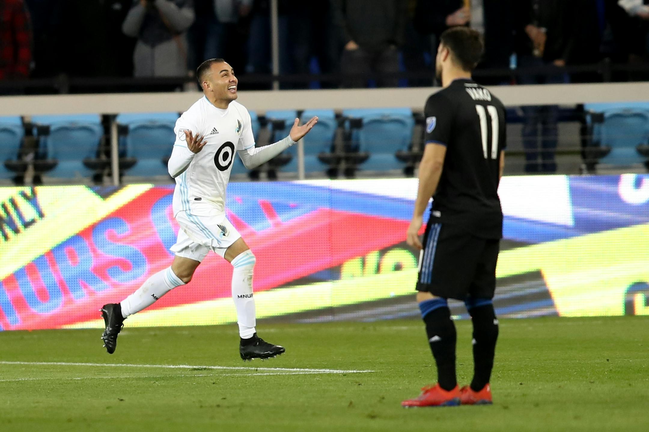 SAN JOSE, CALIFORNIA - MARCH 9: Minnesota United's Miguel Ibarra10) celebrates his goal against the San Jose Earthquakes during the second half of a MLB game at Avaya Stadium in San Jose, Calif., on Saturday, March 9, 2019.