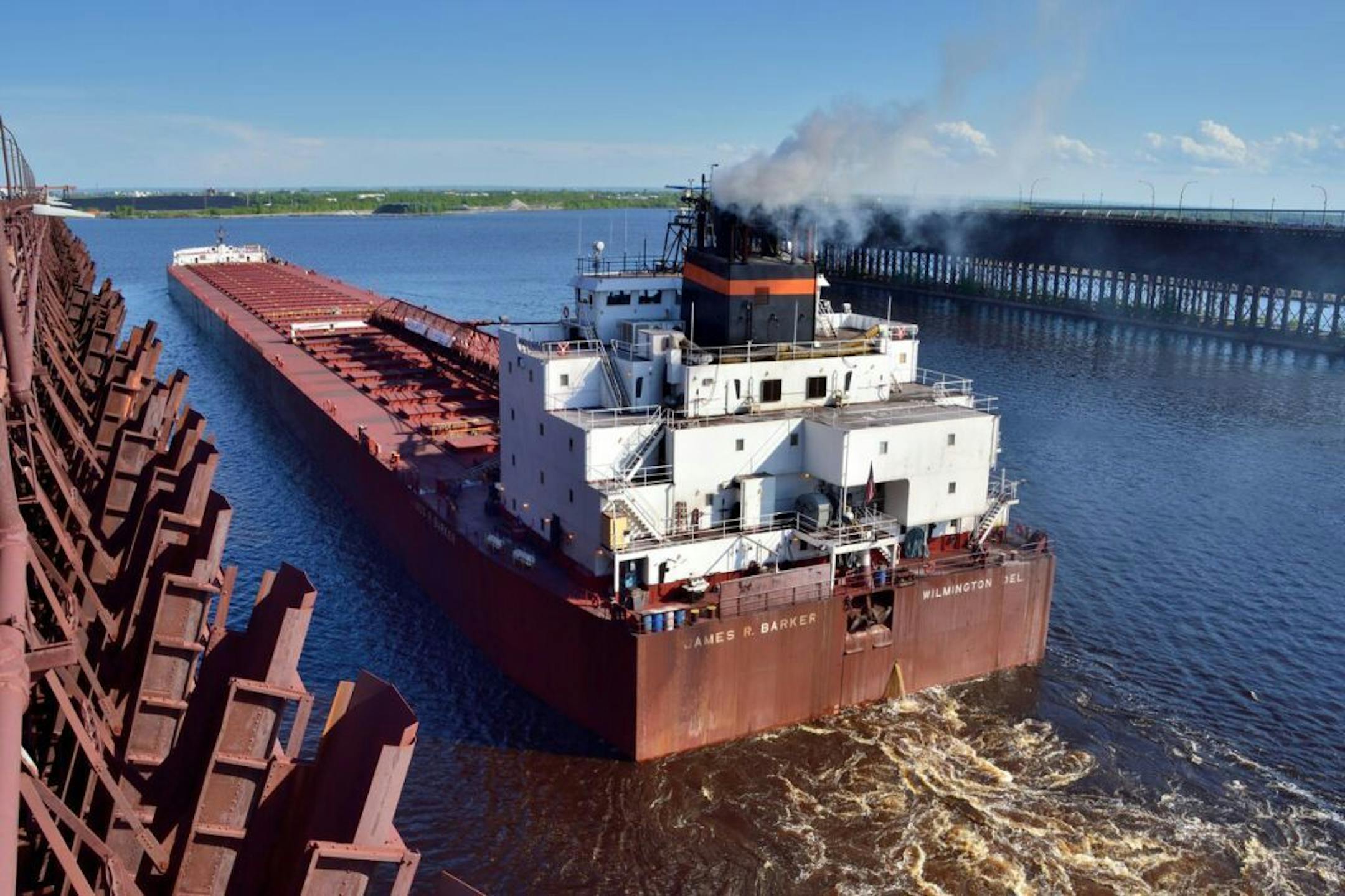 The first - a 1,000-footer - the James R. Barker - departing after loading iron ore at the CN Duluth Dock. Photo Credit: Paul Scinocca/courtesy Duluth Seaway Port Authority