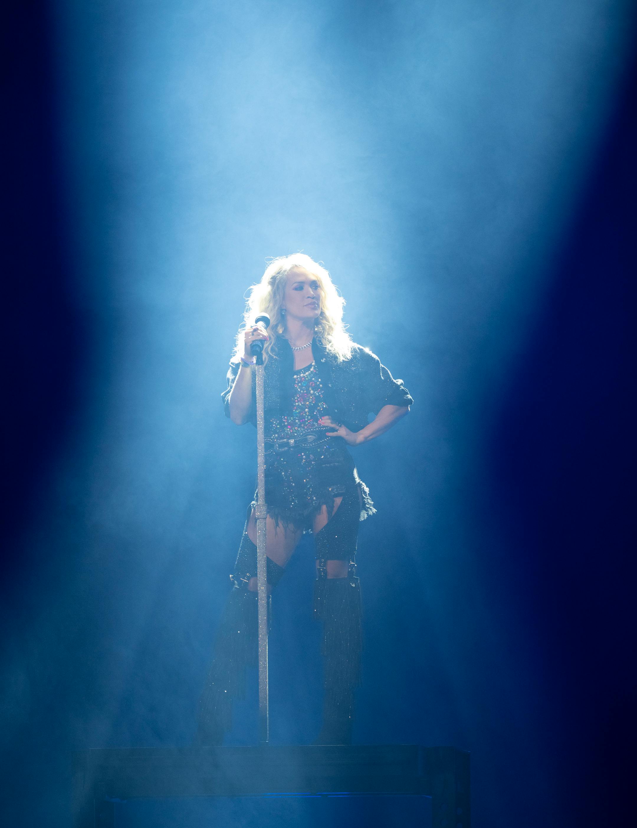 Carrie Underwood performing Tuesday, Oct. 25, 2022 at Target Center in Minneapolis while on her Denim &amp; Rhinestones tour.