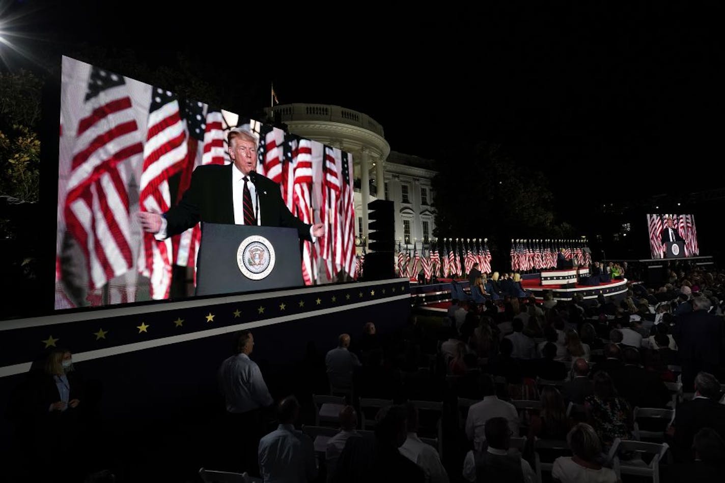 In this Aug. 27, 2020, photo President Donald Trump speaks from the South Lawn of the White House on the fourth day of the Republican National Convention in Washington.