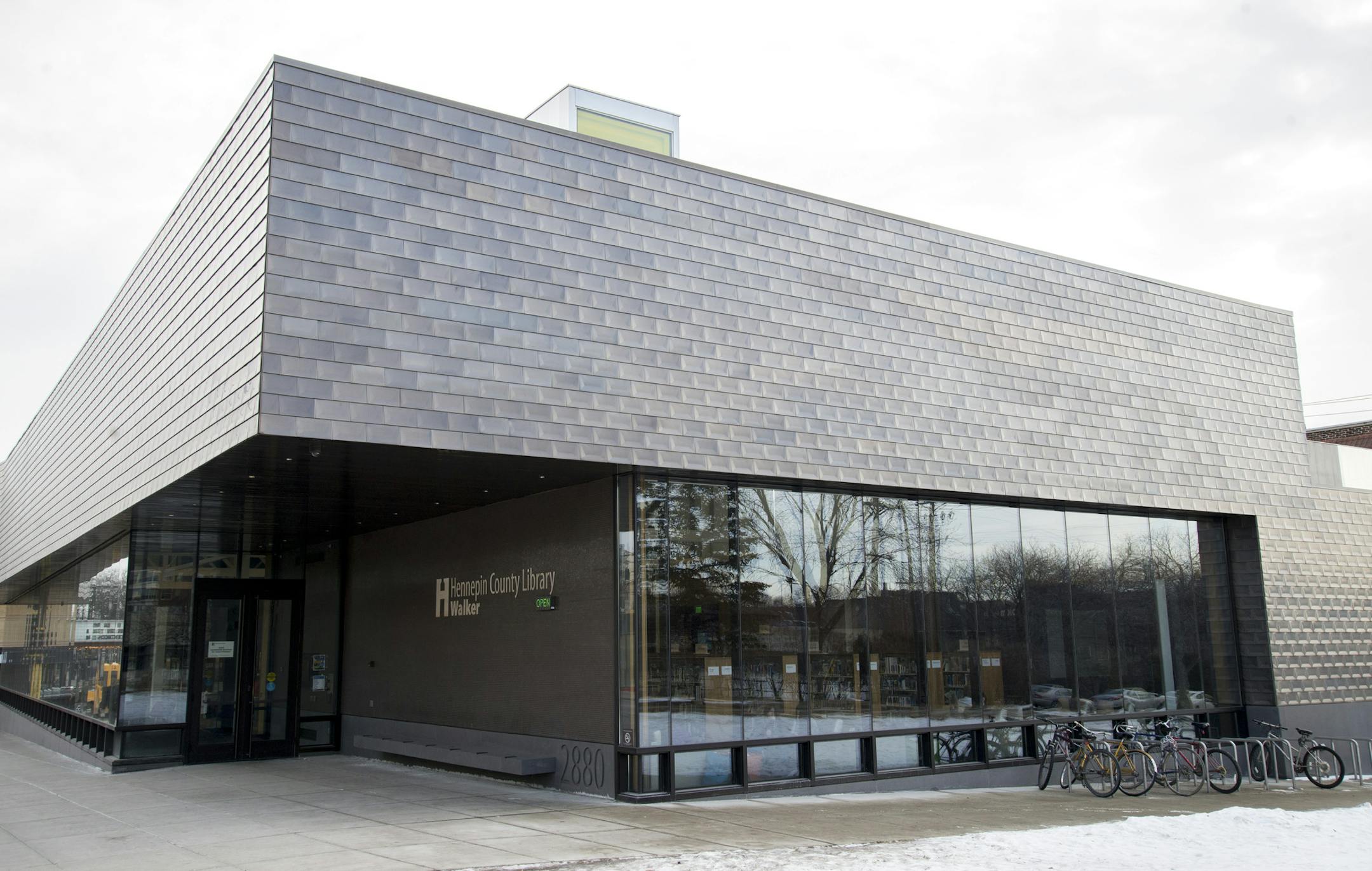 Newly built Walker Library in Minneapolis' Uptown neighborhood. The library opened in 2014 and was designed by the Minneapolis architecture firm VJAA. The firm's design won an AIA MN Honor Award.