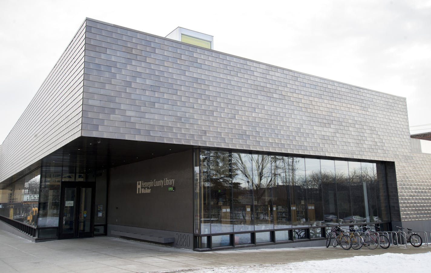 Newly built Walker Library in Minneapolis' Uptown neighborhood. The library opened in 2014 and was designed by the Minneapolis architecture firm VJAA. The firm's design won an AIA MN Honor Award.