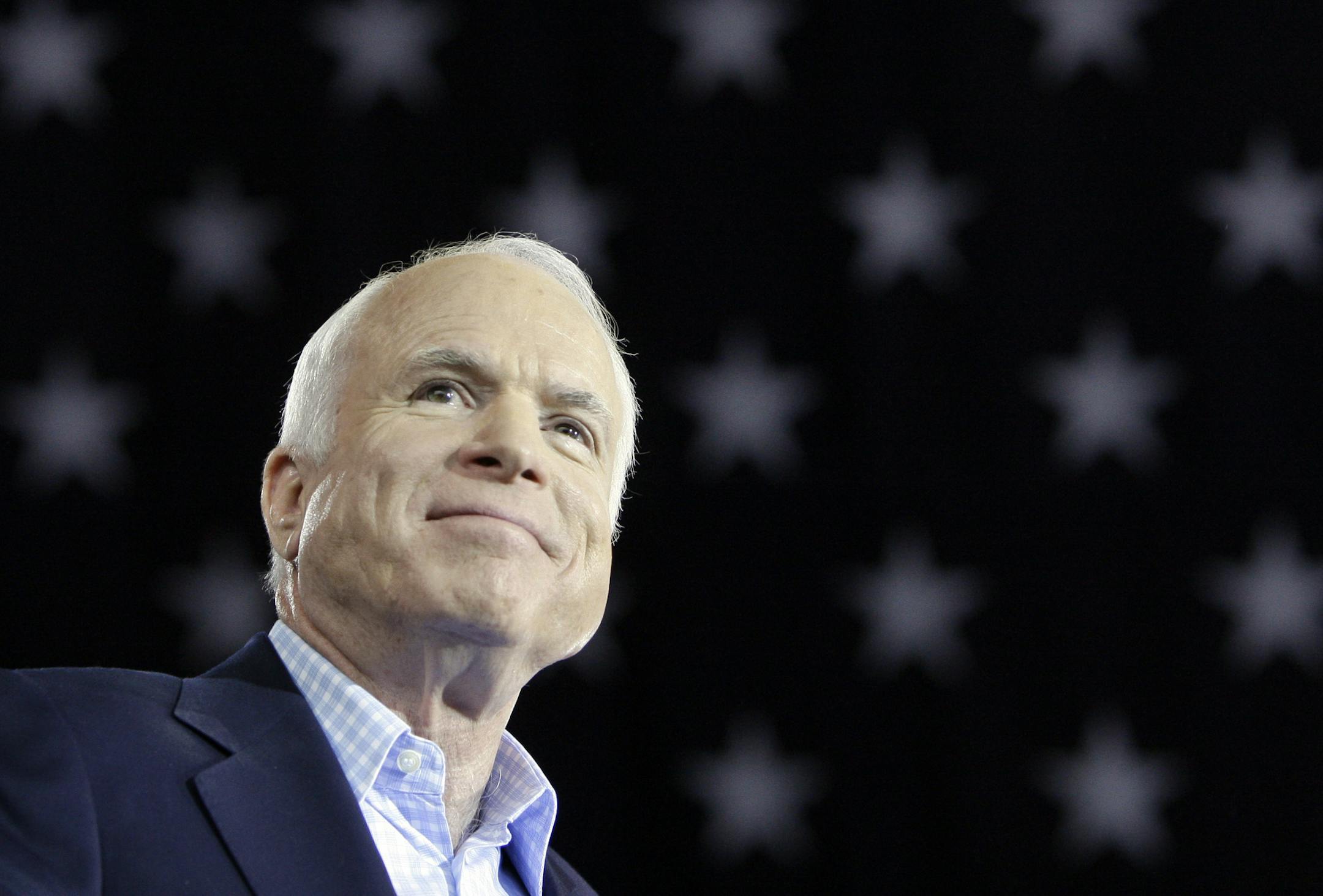Republican presidential candidate Sen. John McCain, R-Ariz., pauses as he speaks at a rally in Perkasie, Pa., Saturday, Nov. 1, 2008 at the Pennridge Airport. (AP Photo/Carolyn Kaster) ORG XMIT: MIN2018050320384150
