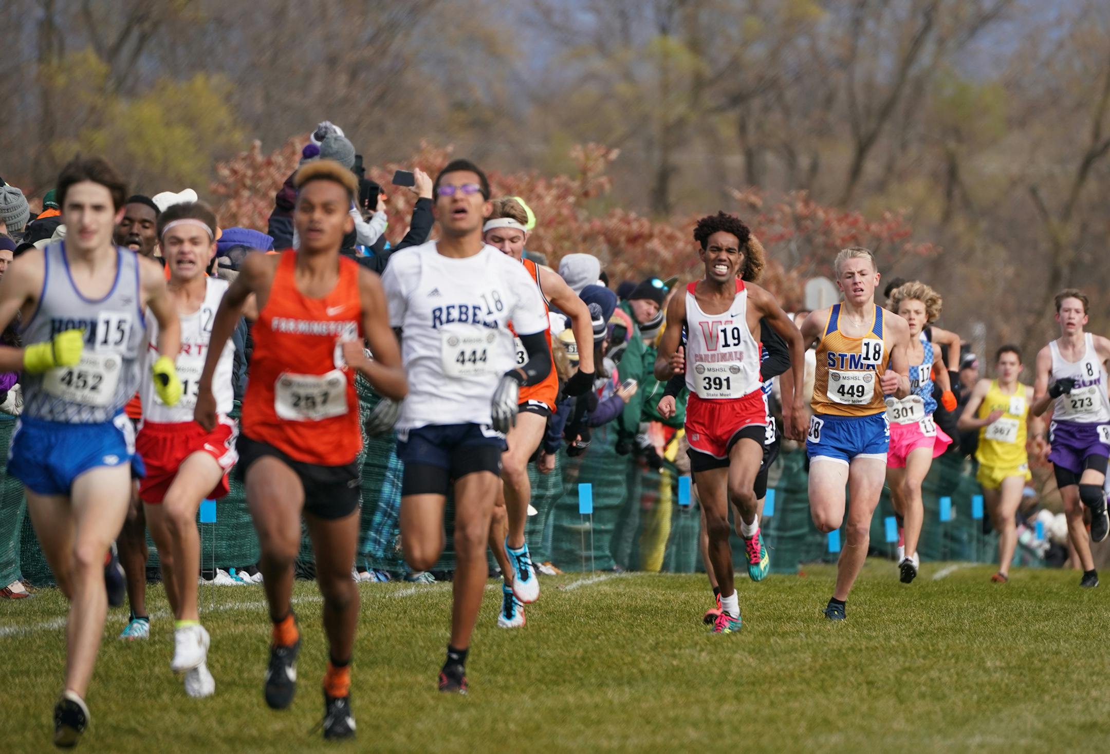 A pack of runners during the boys Class 2A cross country race at St. Olaf College in Northfield on Saturday, Nov. 2, 2019. ] Shari L. Gross ¥ shari.gross@startribune.com Cross-country state meet, four races, individual and team championship game action, celebration.
10 a.m. Class 2A girls' race.
11 a.m. Class 2A boys' race.
1 p.m. Class 1A girls' race.
2 p.m. Class 1A boys' race.