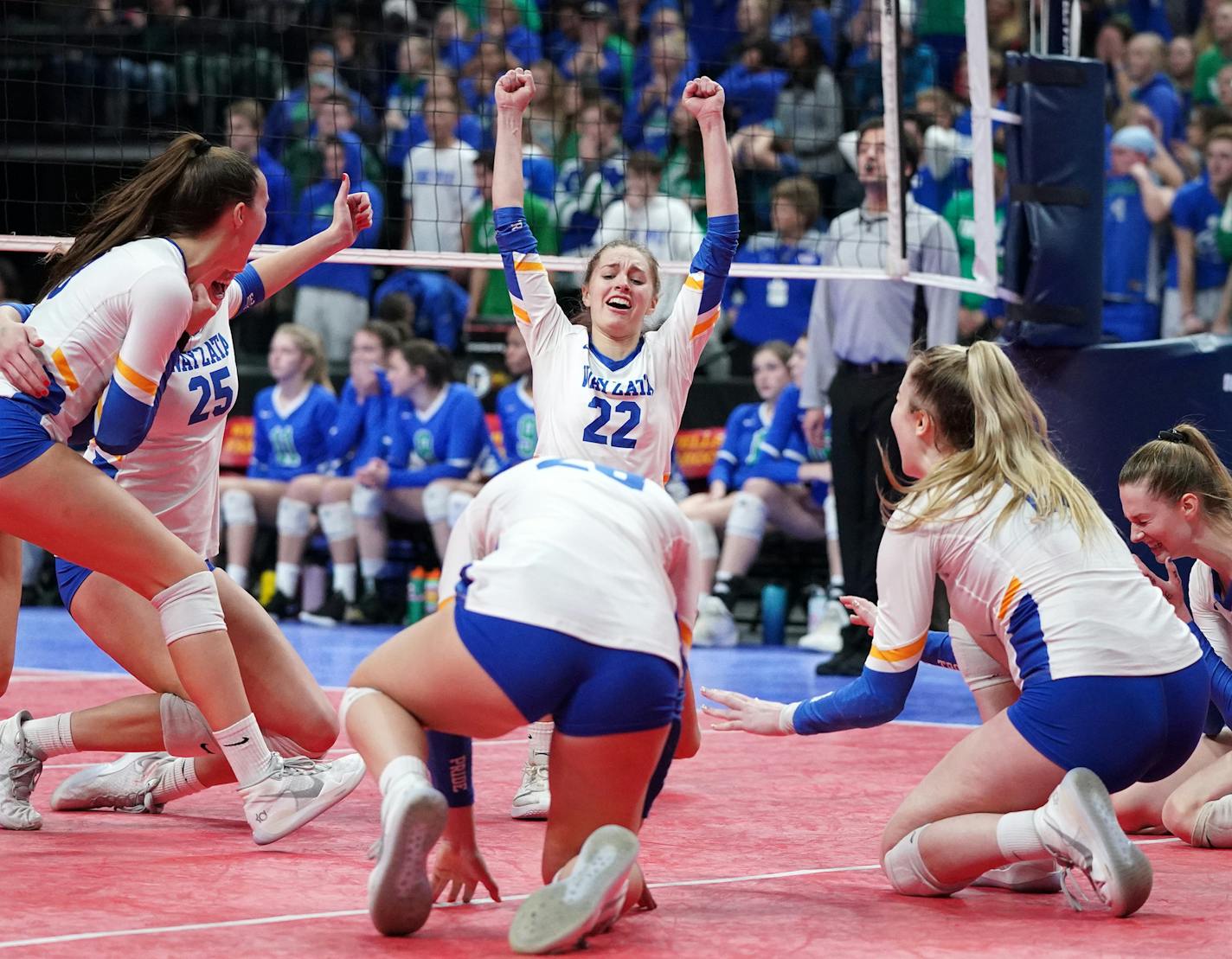 Wayzata setter Olivia Johnson (22) celebrated with her teammates after they defeated Eagan in the fifth set. ] ANTHONY SOUFFLE &#x2022; anthony.souffle@startribune.com Eagan played Wayzata in a MSHSL Class 3A volleyball state championship game Saturday, Nov. 9, 2019 at Xcel Center in St. Paul, Minn.