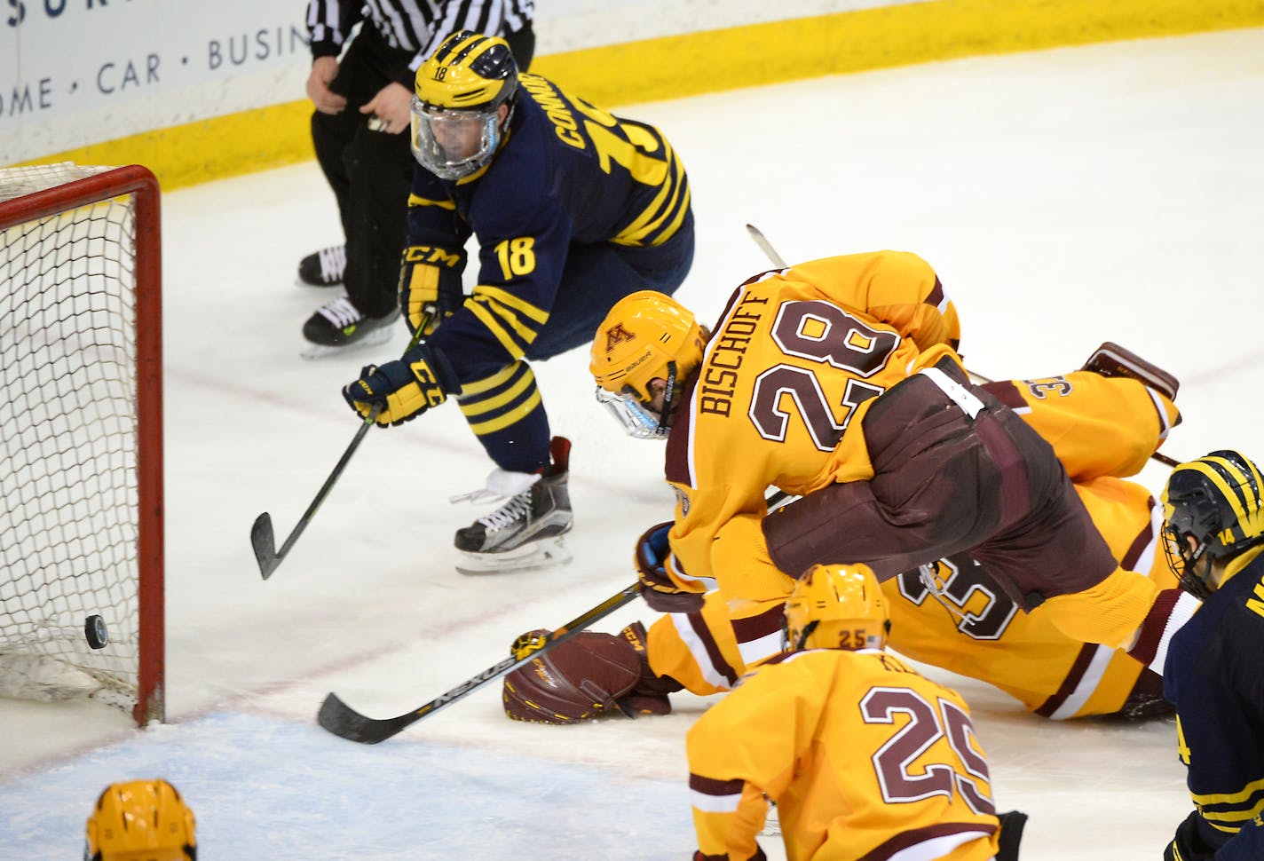 Michigan Wolverines forward Kyle Connor (18) scored a goal on the Minnesota Golden Gophers in the third period. ] (AARON LAVINSKY/STAR TRIBUNE) aaron.lavinsky@startribune.com The University of Minnesota Golden Gophers men's hockey team played the University of Michigan Wolverines in the Big Ten Tournament championship game on Saturday, March 19, 2016 at Xcel Energy Center in St. Paul, Minn.