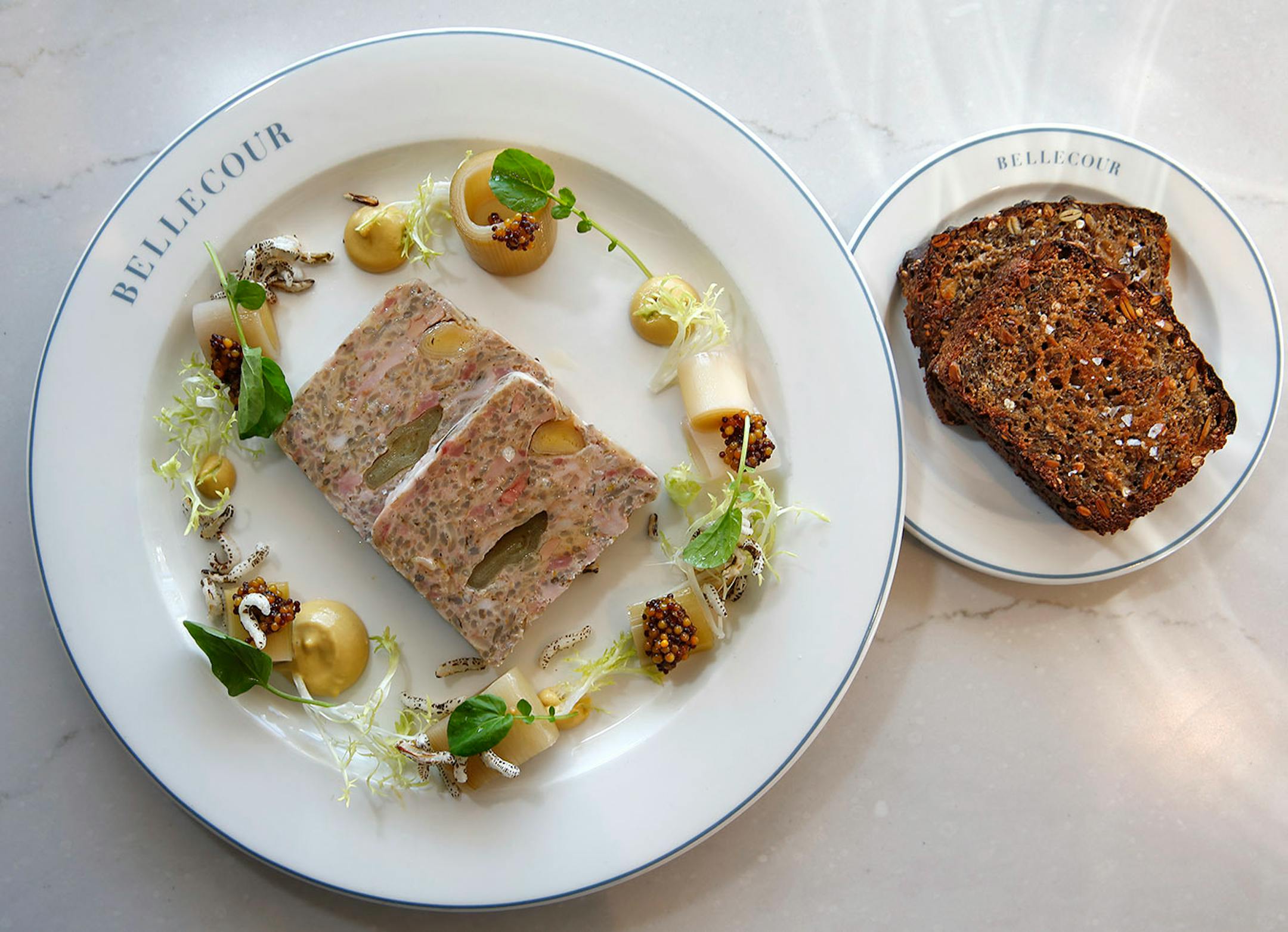 Pheasant patei, dish of of Bellecour, foie gras, wild rice, leeks.