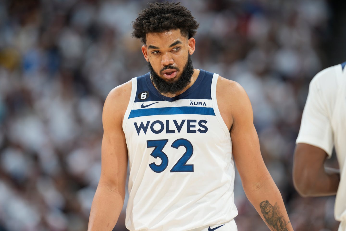 Minnesota Timberwolves center Karl-Anthony Towns (32) in the second half of Game 1 of an NBA basketball first-round playoff series Sunday, April 16 2023, in Denver. (AP Photo/David Zalubowski)