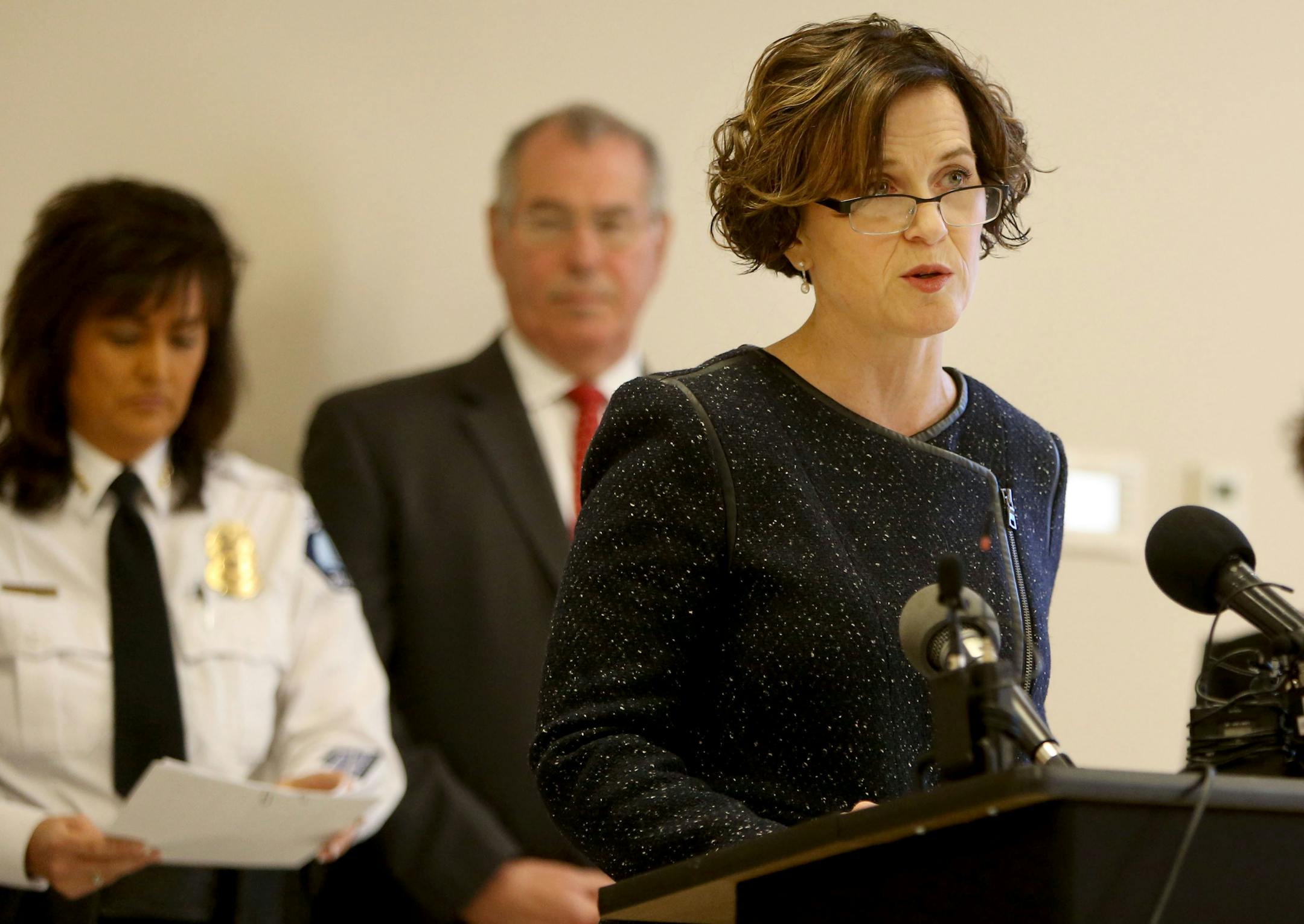 Minneapolis mayor Betsy Hodges, Minneapolis police chief Janee Harteau, and Hennepin County Attorney Mike Freeman held a press conference along with other officials at City Hall to discuss "new focused interventions around violent crime," Friday, Nov. 13, 2015, in Minneapolis, MN. Here, Hodges addresses the media as Harteau, left, and Freeman look on.](DAVID JOLES/STARTRIBUNE)djoles@startribune.com Mayor Betsy Hodges, Chief Janee Harteau, County Attorney Mike Freeman held a press conference alon