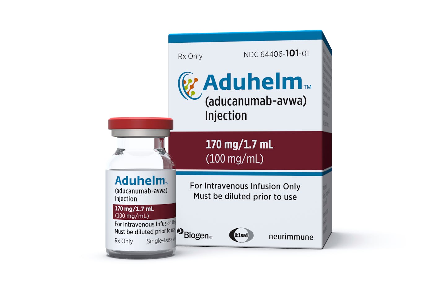 This image provided by Biogen on Monday, June 7, 2021 shows a vial and packaging for the drug Aduhelm.