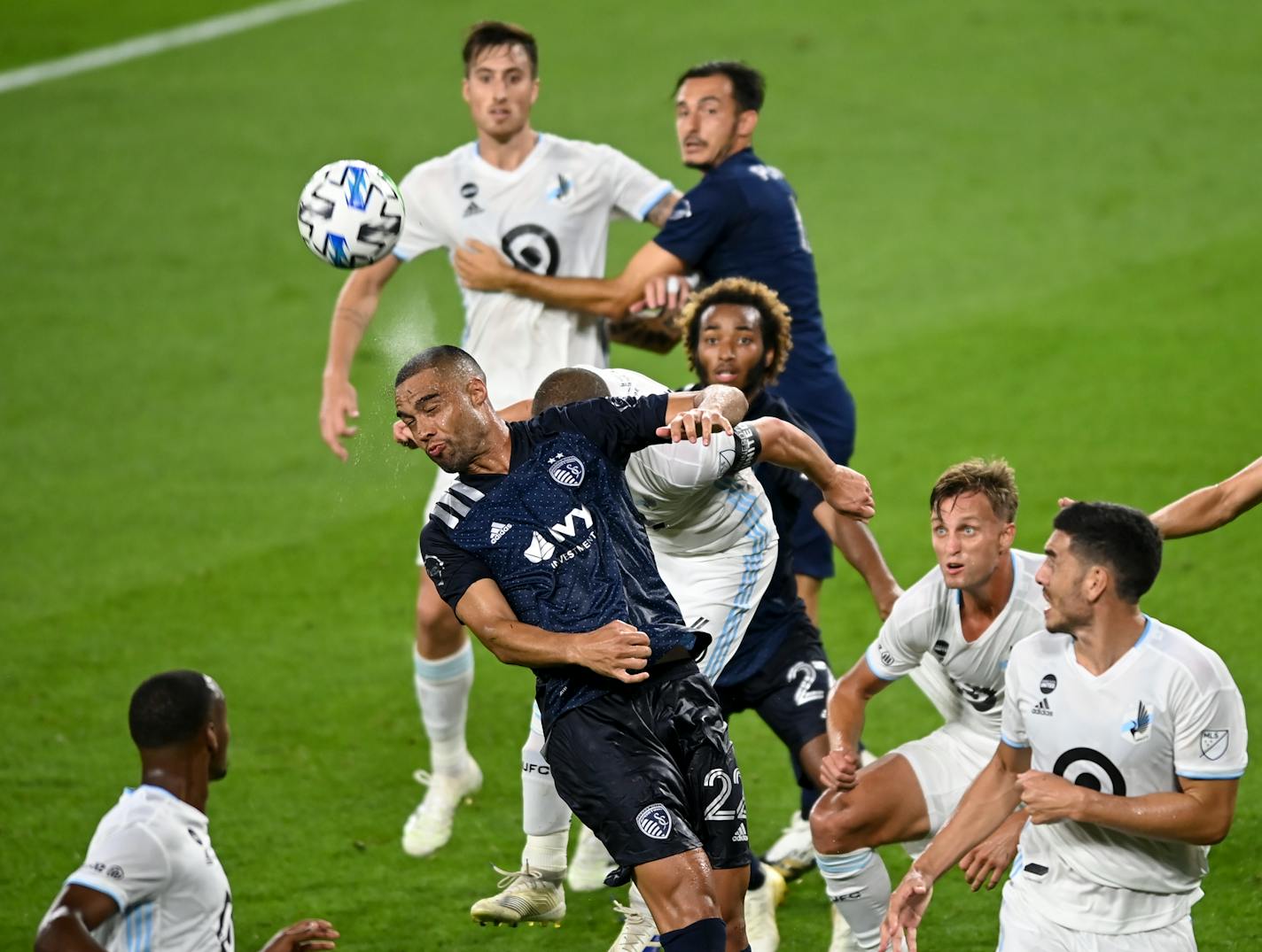 Sporting Kansas City defender Winston Reid jumped for a header off a Minnesota United corner kick Friday night