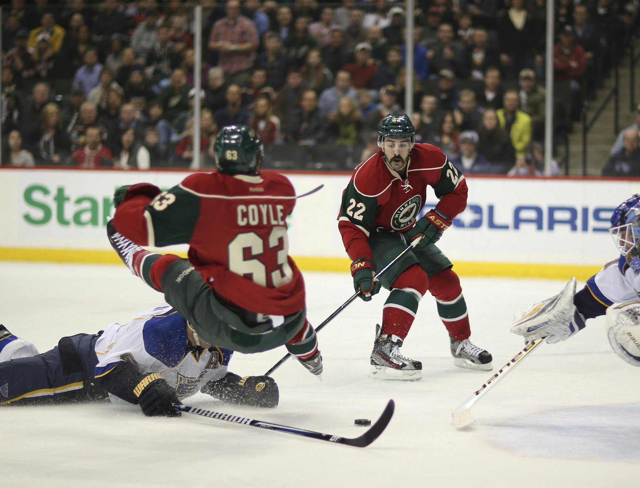 The Blues’ Barret Jackman drew a penalty for tripping the Wild’s Charlie Coyle