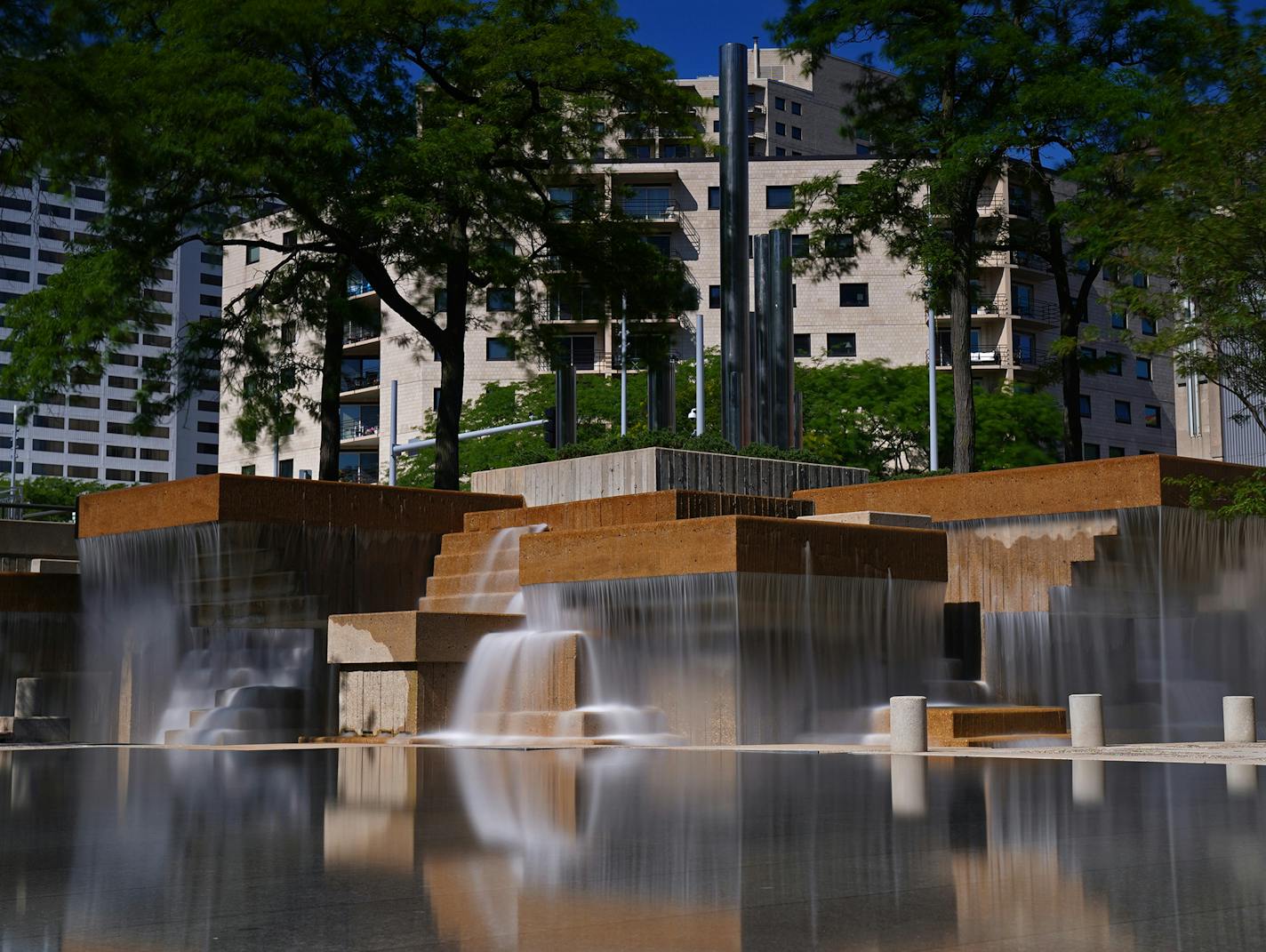 The fountains at Peavey Plaza flowed over the reflecting pool Thursday. ] ANTHONY SOUFFLE &#x2022; anthony.souffle@startribune.com Peavey Plaza's fountains are flowing again following after a $10 million restoration photographed Thursday, Aug. 8, 2019 in Minneapolis.